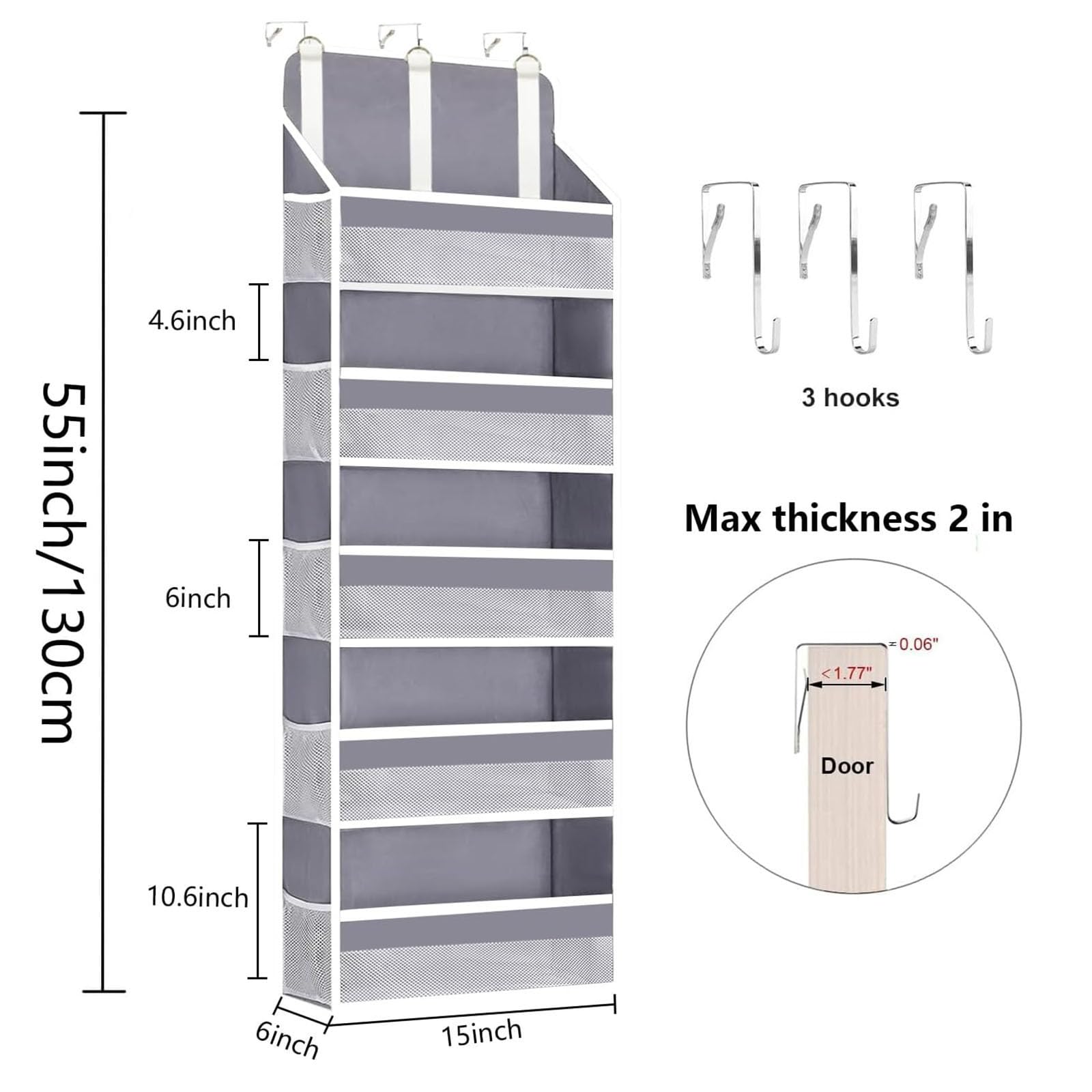 lazywoodpecker Over The Door Organizer Storage, Anti Tilt Hanging Door Organizer, with 5 Large Pockets 10 Mesh Side Pockets 44 lbs Weight Capacity, for Bathroom,Nursery (Grey, 5 Pockets)