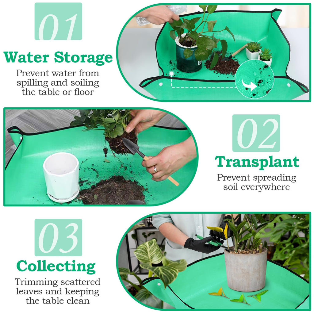 Lucomb 2Pcs Repotting Mat Set, 39''Large & 26''Small Foldable Waterproof Plant Gardening Mats with Accessories, Portable Potting Tray for House Plants Succulents
