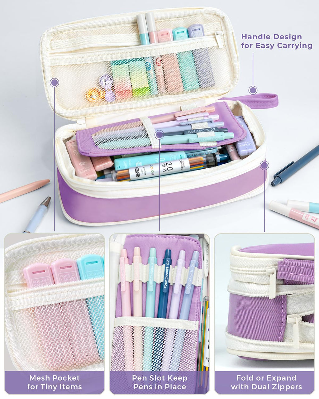 Four Candies 36PCS Aesthetic School Supplies, Mechanical Pencils 0.5mm, 0.7mm, 0.9mm & 2.0mm with 624PCS Lead Refills, Cute Mechanical Pencils for Writing, Drawing & Drafting (Purple)