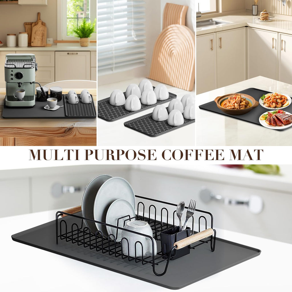 Silicone Coffee Mat,24''x16'' Coffee Bar Mat with Detachable Dish Drying Mat for Kitchen Countertops,Coffee Bar Accessories Fit Under Coffee Maker Coffee Machine Dish Rack (Black)