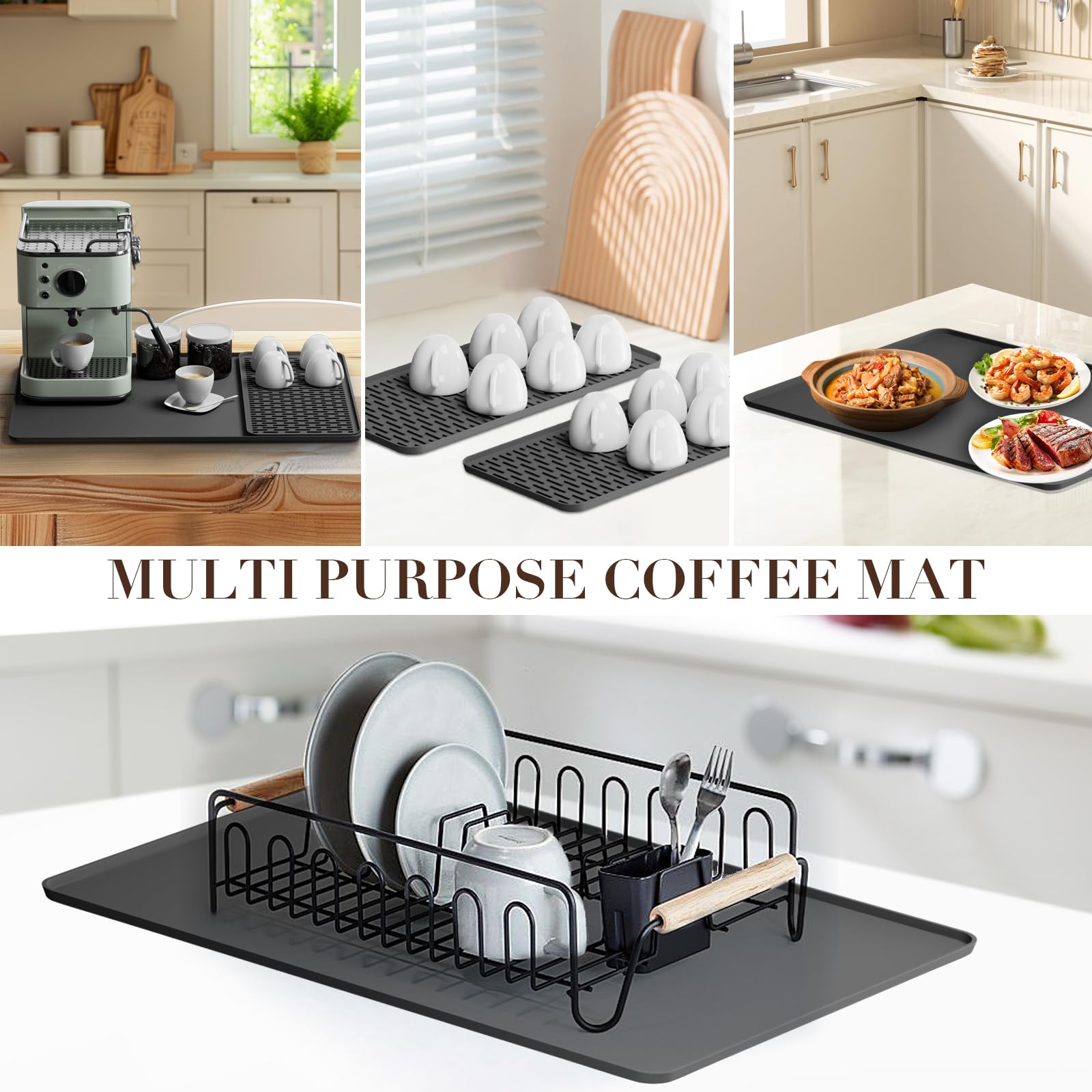 Silicone Coffee Mat,24''x16'' Coffee Bar Mat with Detachable Dish Drying Mat for Kitchen Countertops,Coffee Bar Accessories Fit Under Coffee Maker Coffee Machine Dish Rack (Black)