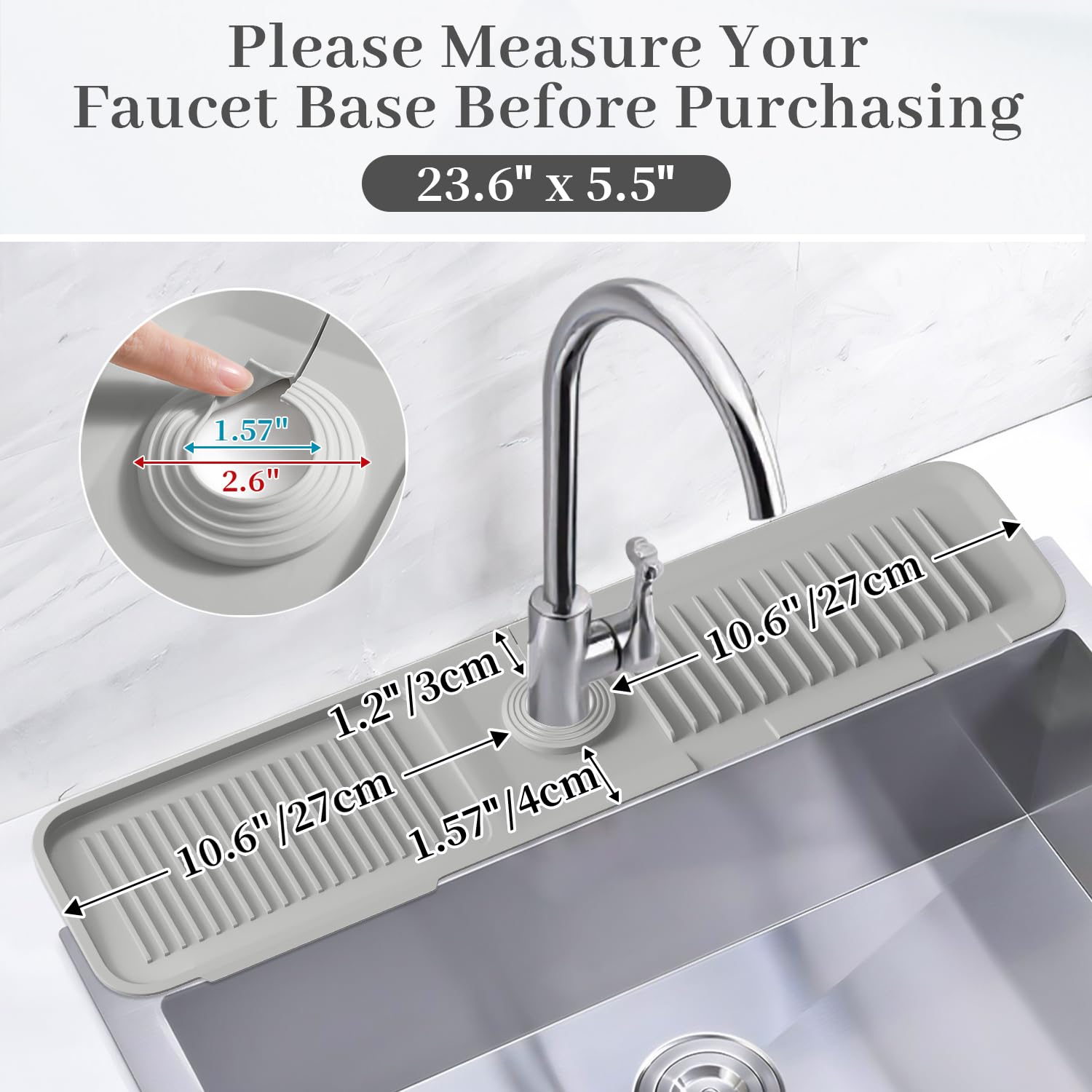 PoYang 24 inch Kitchen Sink Splash Guard, Silicone Draining Mat for Sink Longer Silicone Faucet Drainer Pad, Sink Protector for Kitchen Sink Mat, Sponge Holder for Kitchen Sink Accessories, Light Grey
