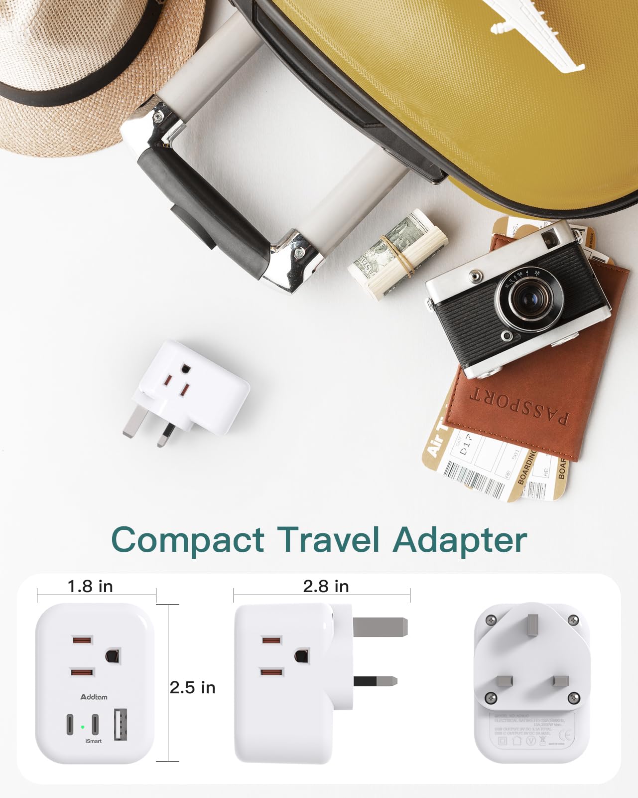 2-Pack US/CA to UK Ireland Travel Plug Adapter, Addtam Type G Power Outlet Adapter with 3 AC Outlets 3 USB(2 USB C), Travel Essentials for USA to Dubai Scotland British London England Hong Kong Irish