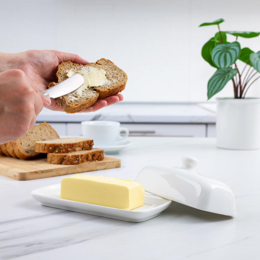 Zulay Porcelain Butter Dish with Lid – White Ceramic Butter Container with Knob Handle – Classic Countertop Butter Holder for 1 Standard Stick – Covered Butter Tray for Western or Eastern Butter