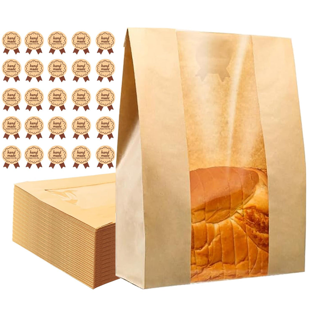 60Pcs Paper Bread Bags for Homemade Bread, Sourdough bread bags with Window, Brown Kraft Paper Bakery Bags with Label Seal Stickers (13.7x8.2x3.7 inch)