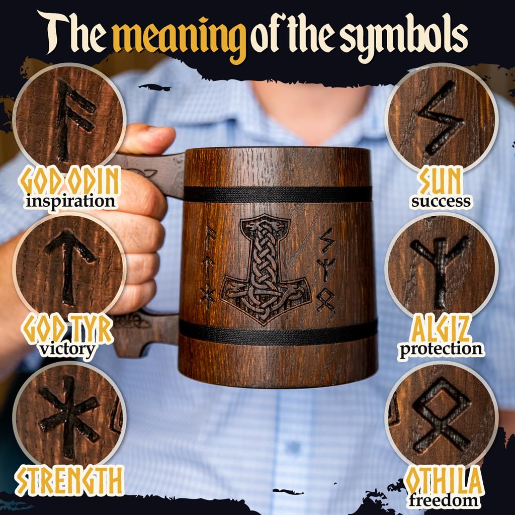 TESLYAR Beer Mug 600 ML - 20 OZ - Viking Mug - Tankard Mug - Beer Stein - Wooden Beer Mug - Handmade Gifts for Men | Fathers Day | Christmas | Birthday Gifts | Celtic Men Mugs - Thors Hammer