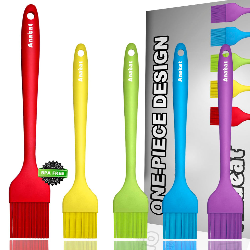 Anaeat High Heat Resistant Silicone Basting Pastry Brush Set of 5 - Hygienic One-Piece Design Spread Oil Butter for BBQ Grill Barbecue Baking Kitchen Cooking - BPA Free & Dishwasher Safe (10"+8")