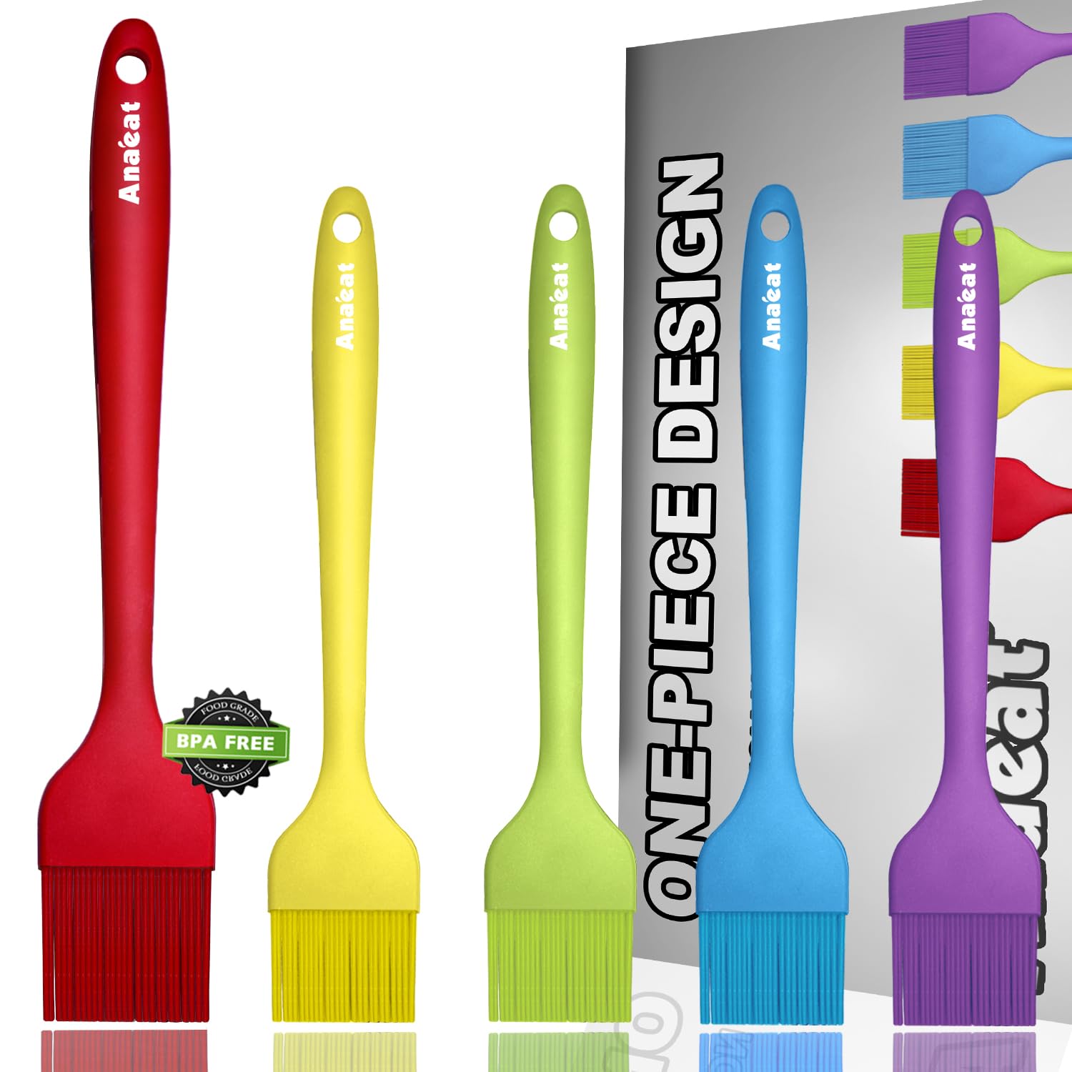 Anaeat High Heat Resistant Silicone Basting Pastry Brush Set of 5 - Hygienic One-Piece Design Spread Oil Butter for BBQ Grill Barbecue Baking Kitchen Cooking - BPA Free & Dishwasher Safe (10"+8")