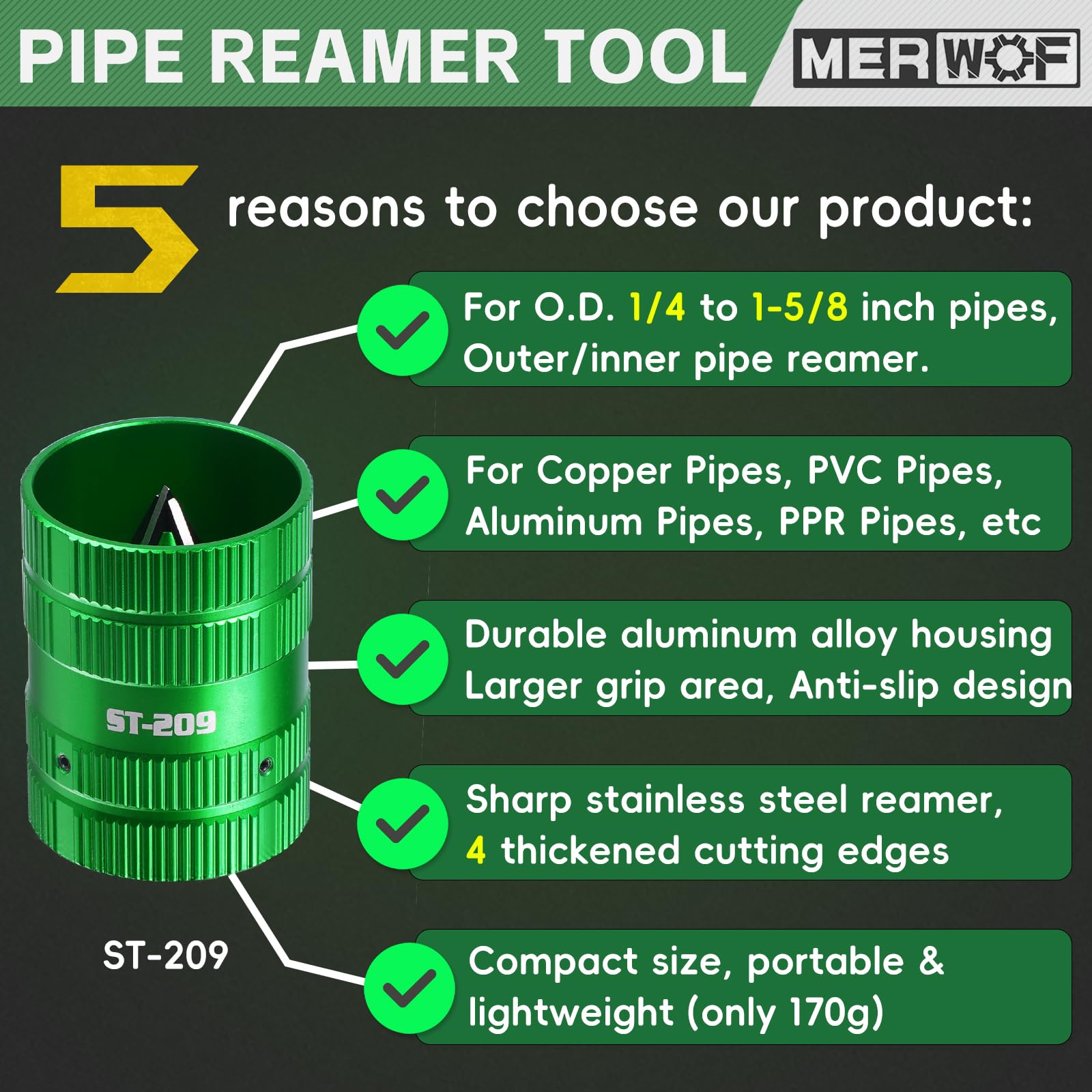 MERWOF Pipe Reamer PVC Deburring Tool, Inner & Outer Pipe Reamer for 1/4” to 1-5/8” Copper Aluminum PVC PPR Pipes