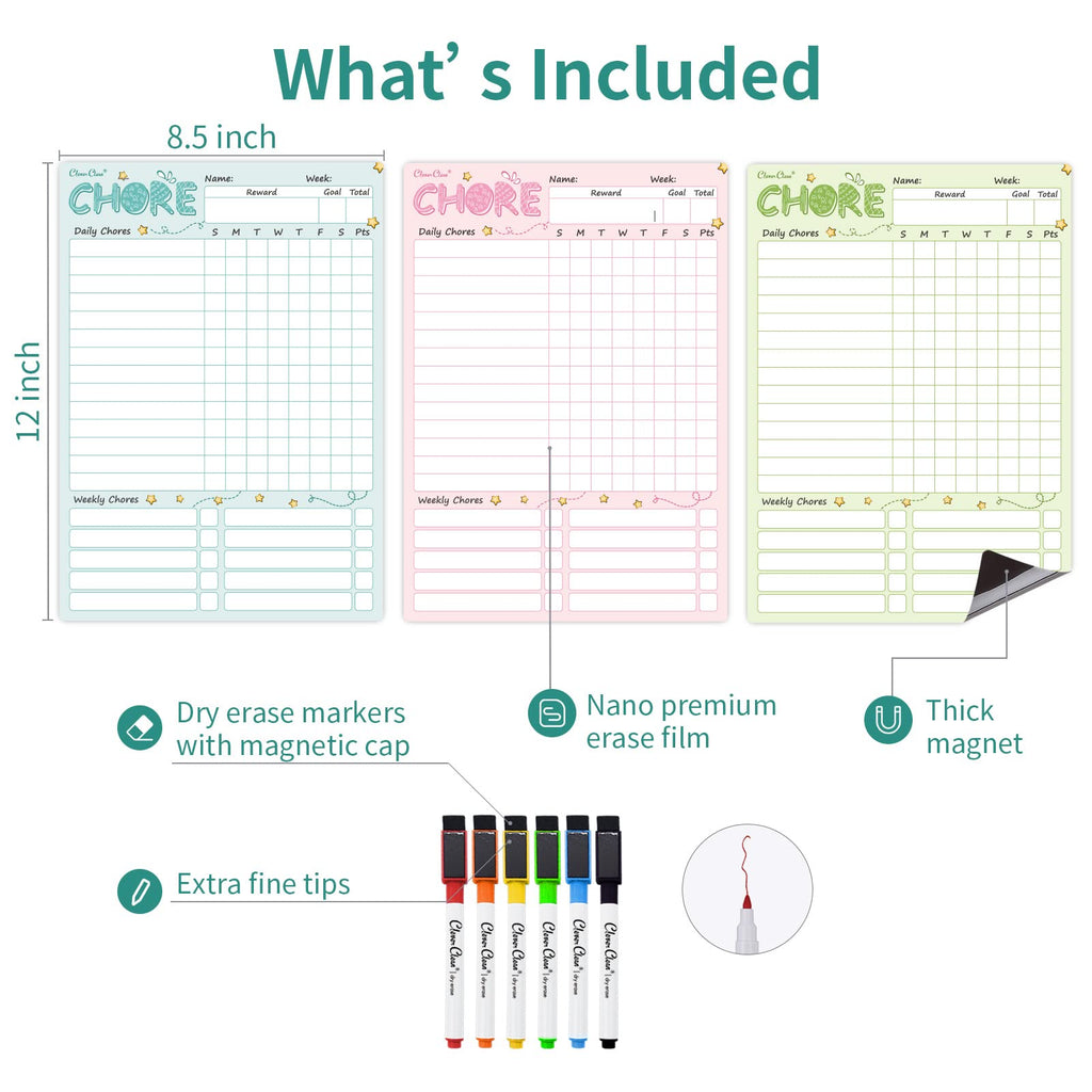 CLEVER CLEAN Magnetic Dry Erase Chore Chart - 8.5"x12" Behavior Responsibility Chore Board for Kids, Teenagers - 6 Extra Fine Point Markers Included - Shipped Flat 3 Pcs Blue Pink & Green