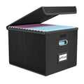 WEIANG Portable File Organizer Box, File Storage Box with Lid, Collapsible Linen Hanging Filing Storage Boxes with Plastic Slide, Durable Hanging File Box for Office/Decor/Home (Black,1pc)