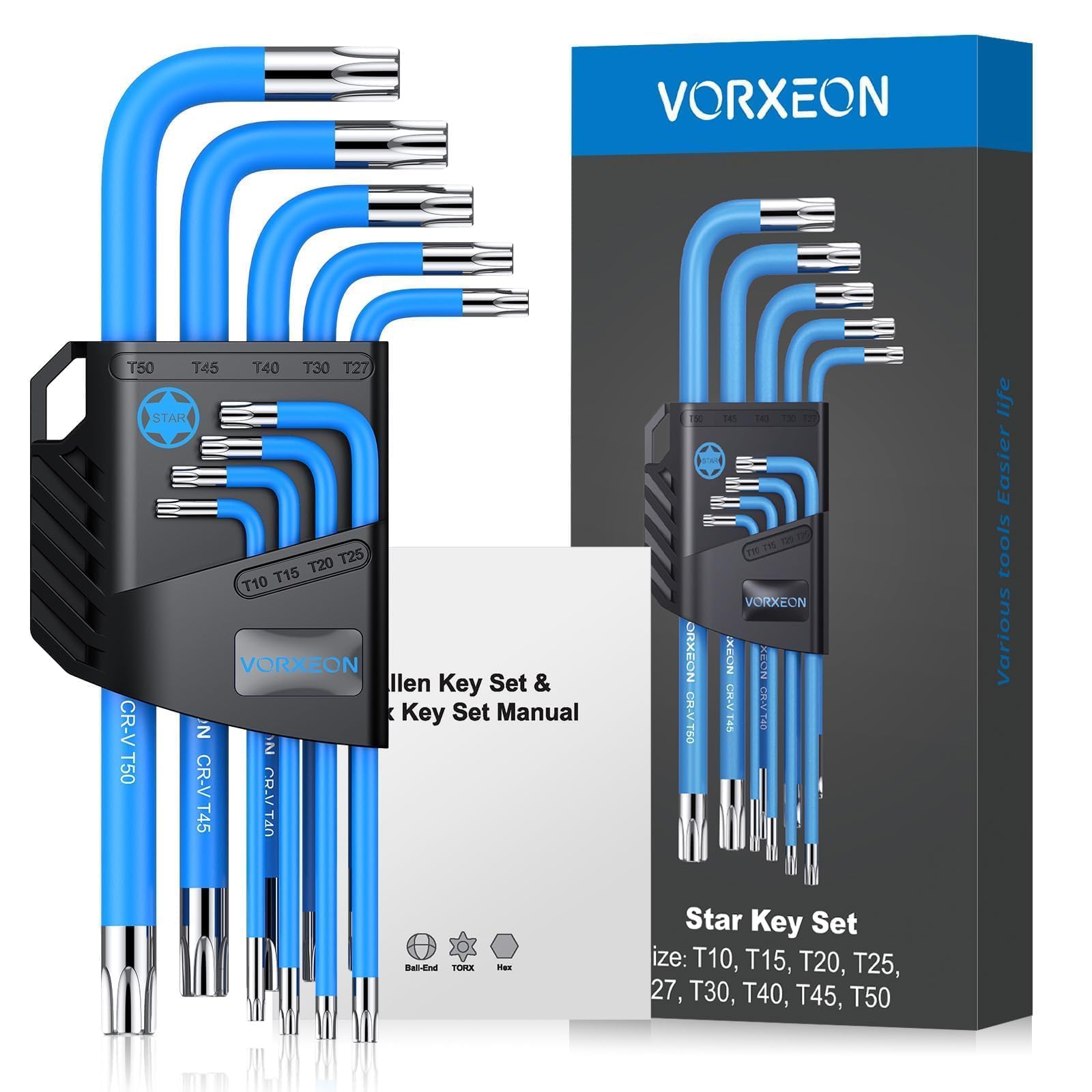 VORXEON Star Torx Wrench Key Set T10-T50 Torx Wrench, Metric Long Arm Star Key Set L-Key with Visible Coding for Bike Motorcycle Repair Furniture Assembly Household DIY, 9-Piece Set