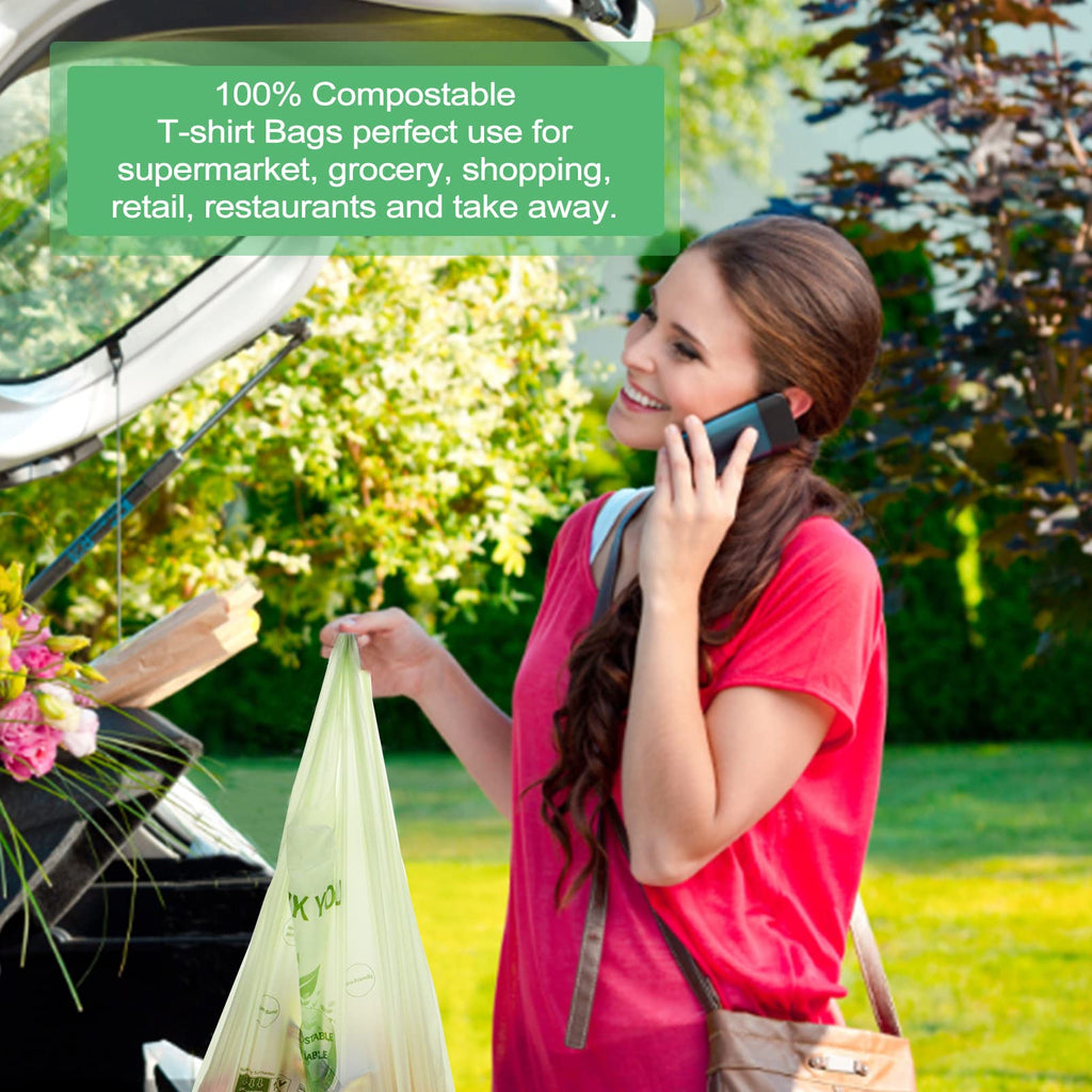 100% Certified Compostable Grocery Bags Biodegradable T-Shirt Bags Recyclable Thank You Shopping Bags Eco Friendly takeout Reusable Bags, Great for On The Go, Farmers Markets,100 Count