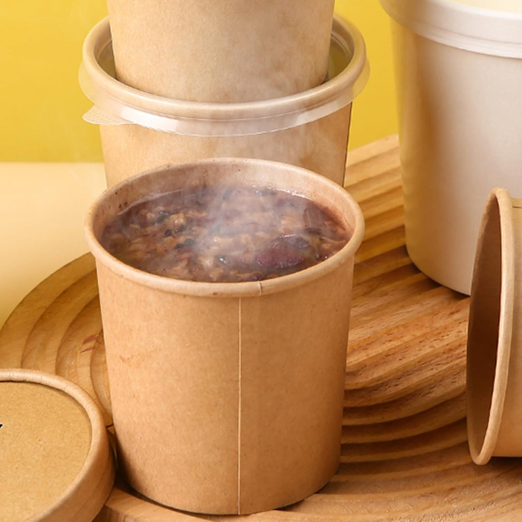HningBuyox 80 Pack Paper Food Containers with Lids, 16 Oz to Go Hot Soup Bowls, Disposable Ice Cream Take Out Cups for Christmas Thanksgiving Microwavable Safe, Brown