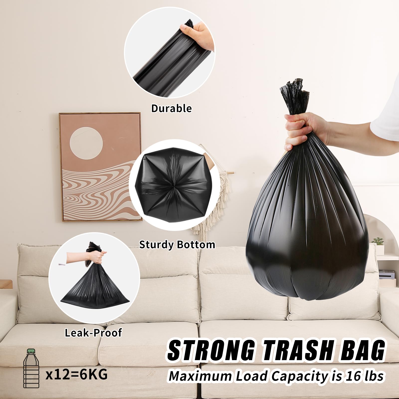 Veefos Heavy Duty 4 Gallon/15L Small Trash Bags - 200 Count, Thick Bathroom Small Garbage Bags, Unscented and Leak-Proof Black Garbage Can Liners for Kitchen, Office and Bedroom