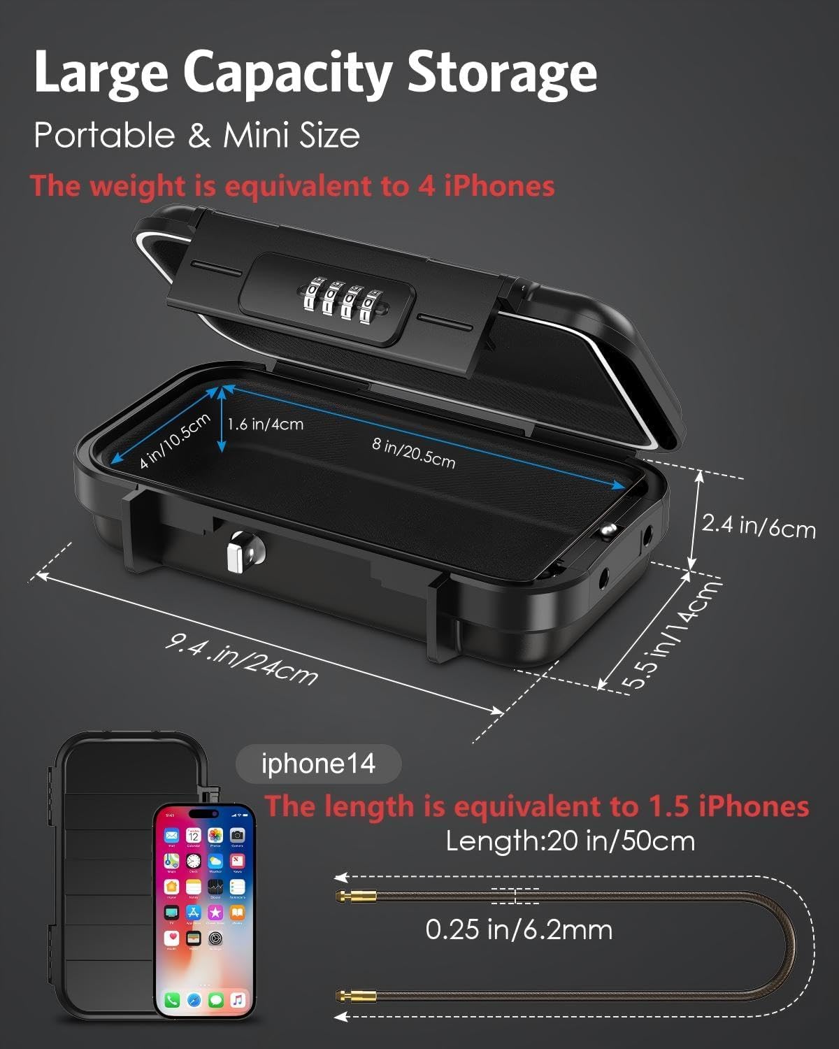 AMIR Travel Safe Portable Lock Box, 4 Digit Combination Lockbox, Cash Box, Waterproof Mini Security Case with Removable Chain, Portable Beach Safe Box for Travel, Beach,Office,Hotel,Cars,Dorms