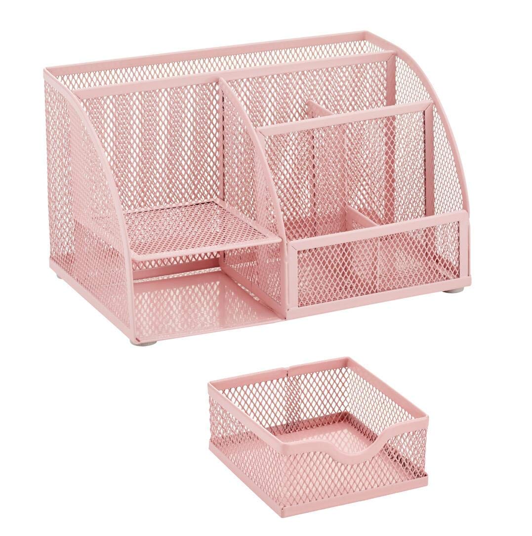 Annova Mesh Desk Organizer Office with 7 Compartments + Drawer/Desk Tidy Candy/Pen Holder/Multifunctional Organizer (Light Pink)