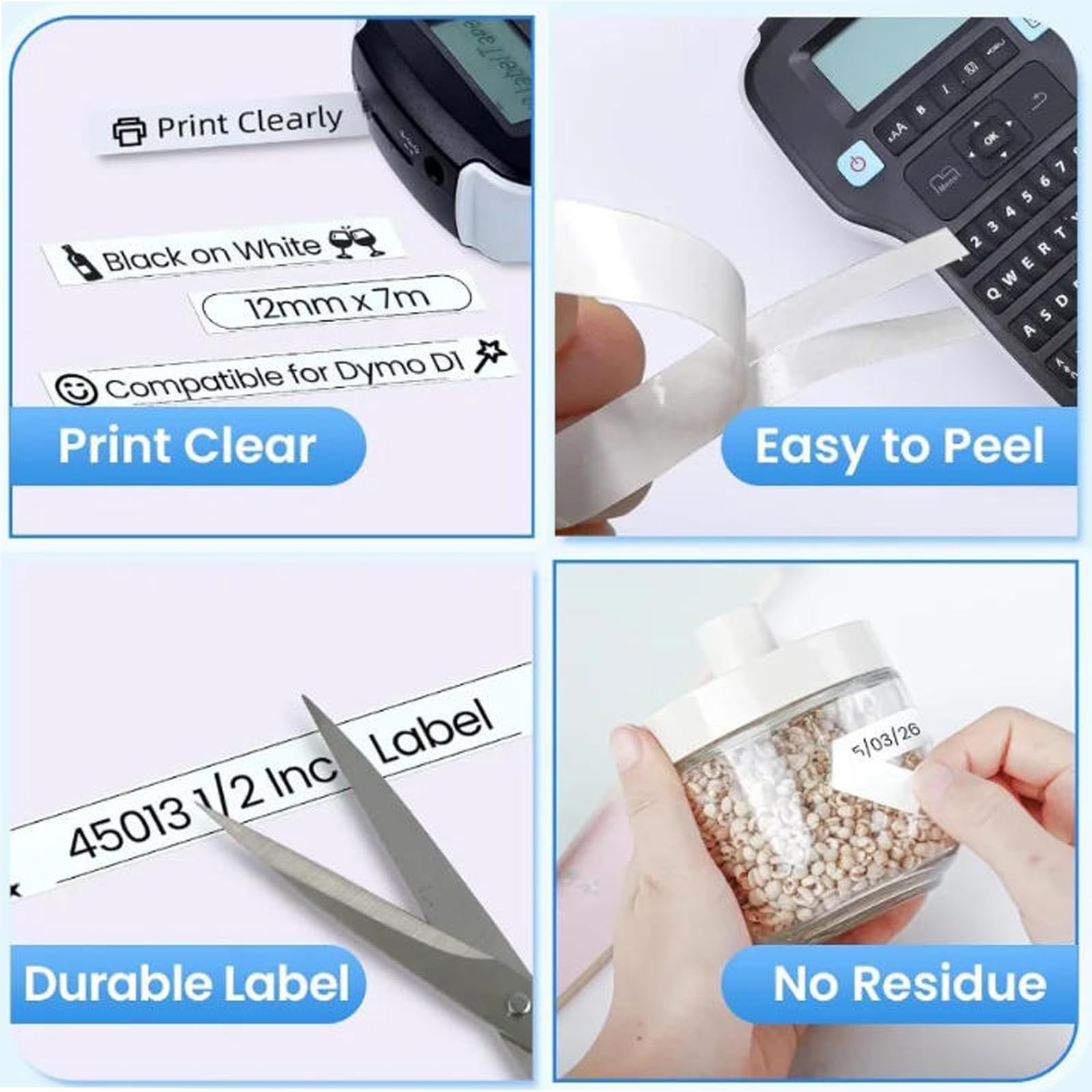 Compatible D1 Label Tape 45013 Replace for 45013 Label Maker Refills a45013 S0720530, Black on White,1/2 Inch x 23 Ft for LabelManager 160 280 210D 420P 360D PnP Label Maker 6-Pack