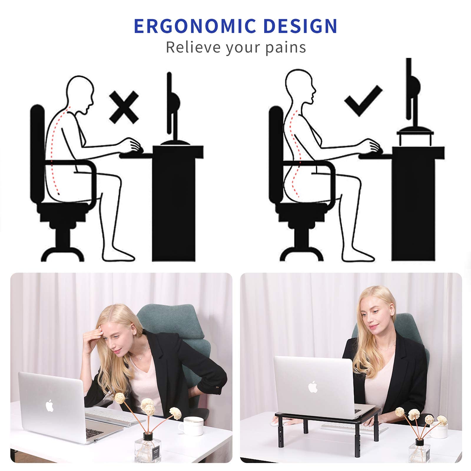 ERGOMAKER Monitor Stand 2 Packs - Height Adjustable Ergonomic Monitor Riser with Vented Metal Platform for Computer, Laptop, iMac, PC, Printer