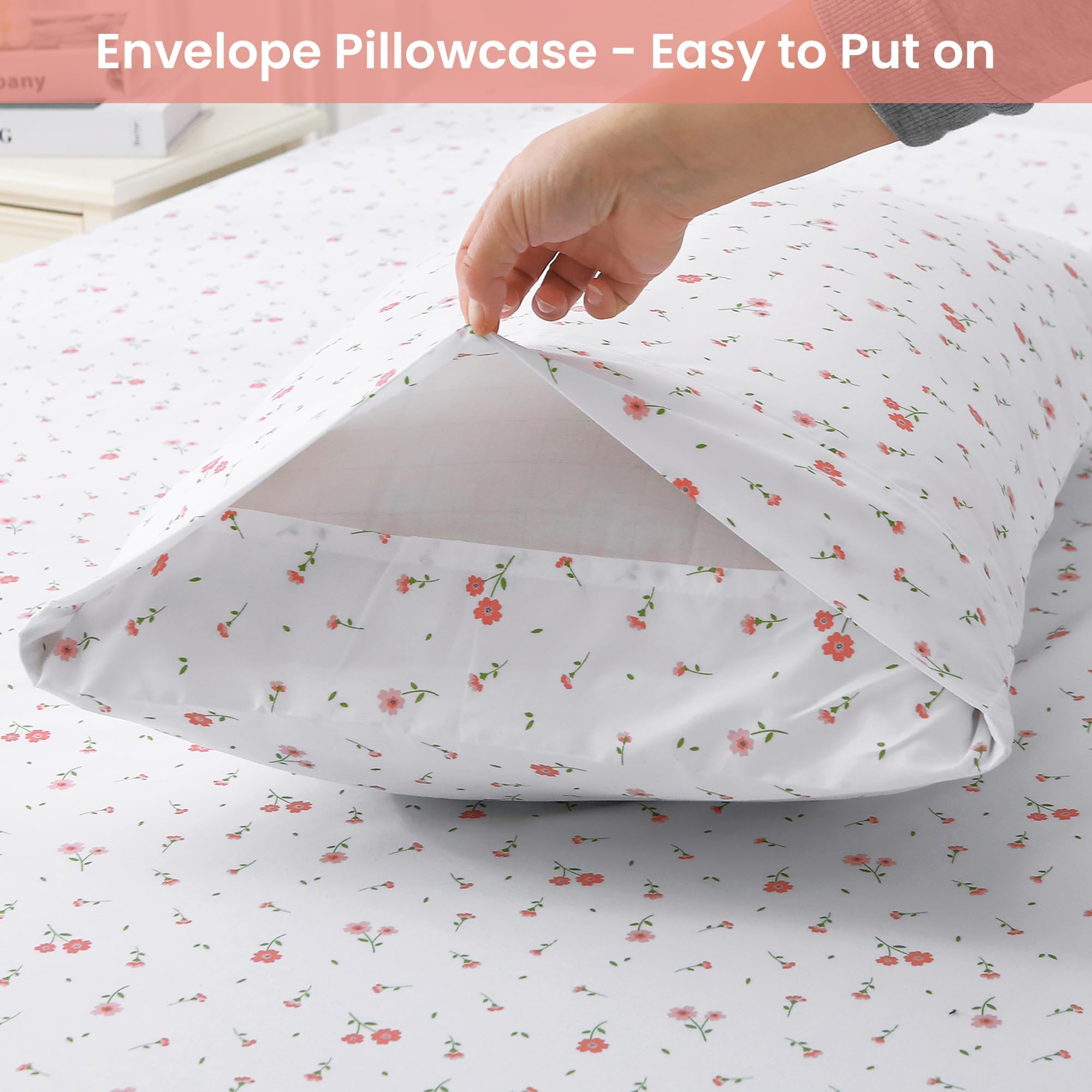 Softan Pink Floral Full Sheet Set Printed Sheets Double - 4 Piece Microfiber Patterned Fitted Sheets with 15" Deep Pocket, Cute Pink Flower Sheets with Straps