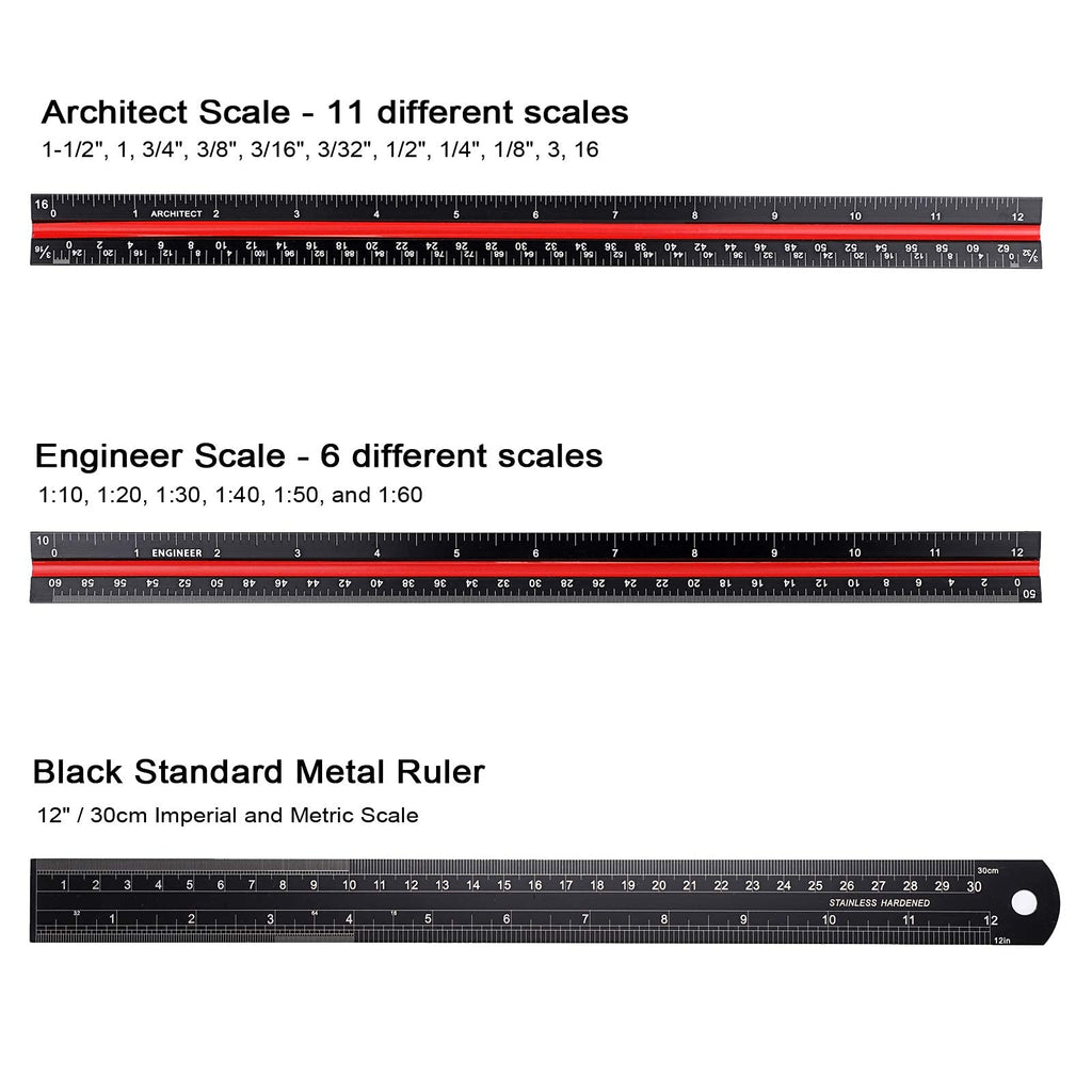 BTSKY 3 Pack 12 Inches Architectural Scale Ruler Engineering Imperial Scale Ruler with Standard Metric&Imperial Conversion Drafting Ruler Aluminum Triangular Scale Measuring Ruler Tool,Black with Red/Green/Blue