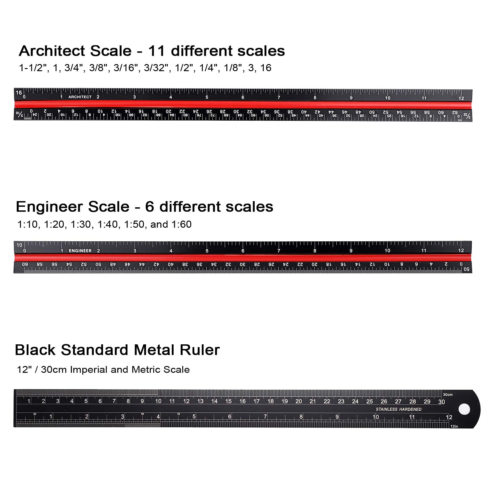 BTSKY 3 Pack 12 Inches Architectural Scale Ruler Engineering Imperial Scale Ruler with Standard Metric&Imperial Conversion Drafting Ruler Aluminum Triangular Scale Measuring Ruler Tool,Black with Red/Green/Blue