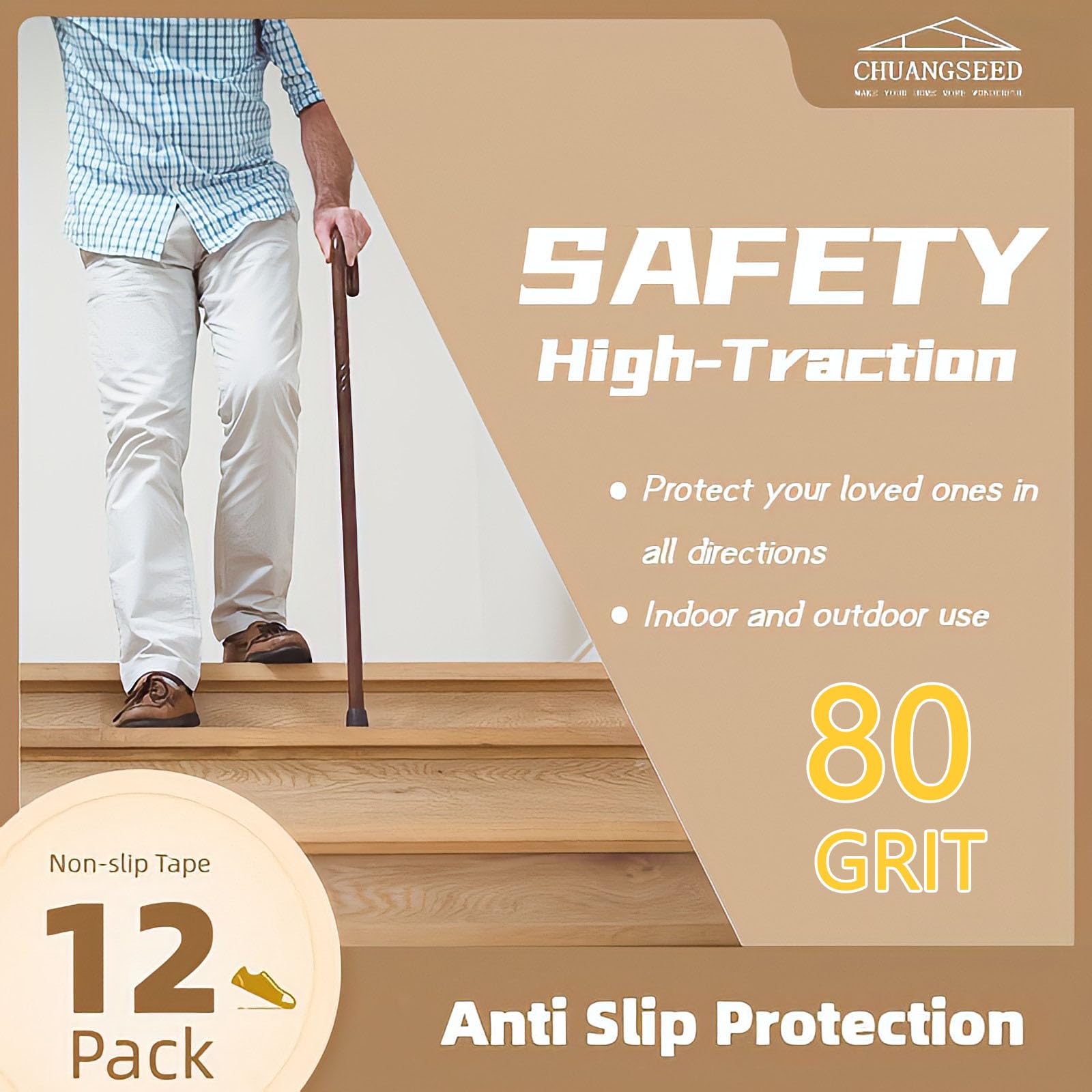 CHUANGSEED 12-Pack Non-Slip Stair Traction Tape 4''x30'' Black Anti Slip Tape 80 Grit Outdoor Treads Grip Tape- Waterproof Heavy Duty Anti Skid Strips for Steps,Deck,Staircase