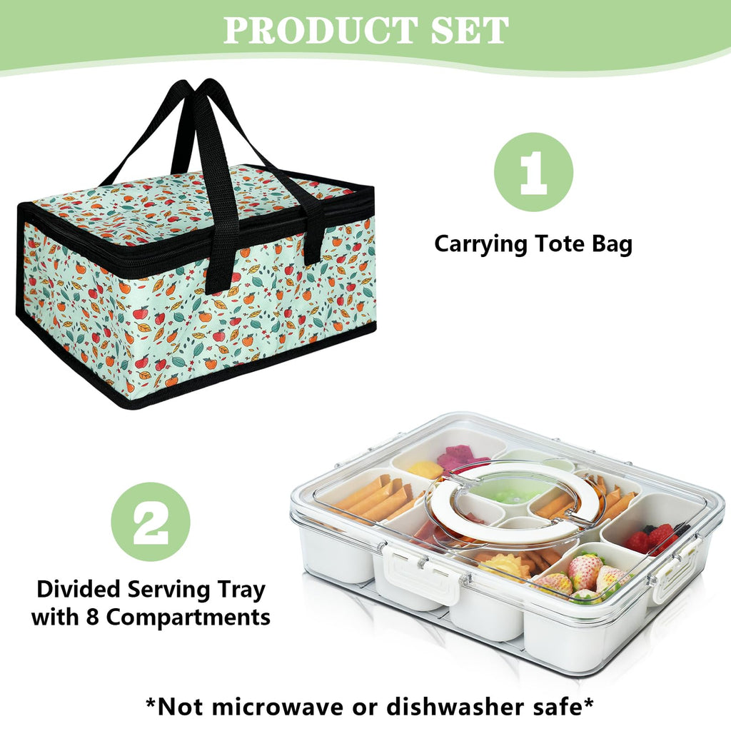 Artcome Sealed Divided Serving Tray with Handle, 8 Compartments, & Carry Bag - Ideal for Organizing and Carrying Snacks and Appetizers - Perfect for Outdoor Dining, Picnics, BBQs, Gatherings & Leisure