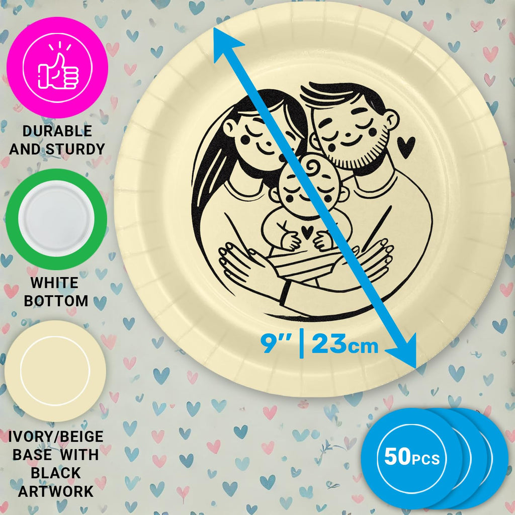 50-Pack 9" Ivory Baby Shower Paper Plates with Fanily Print