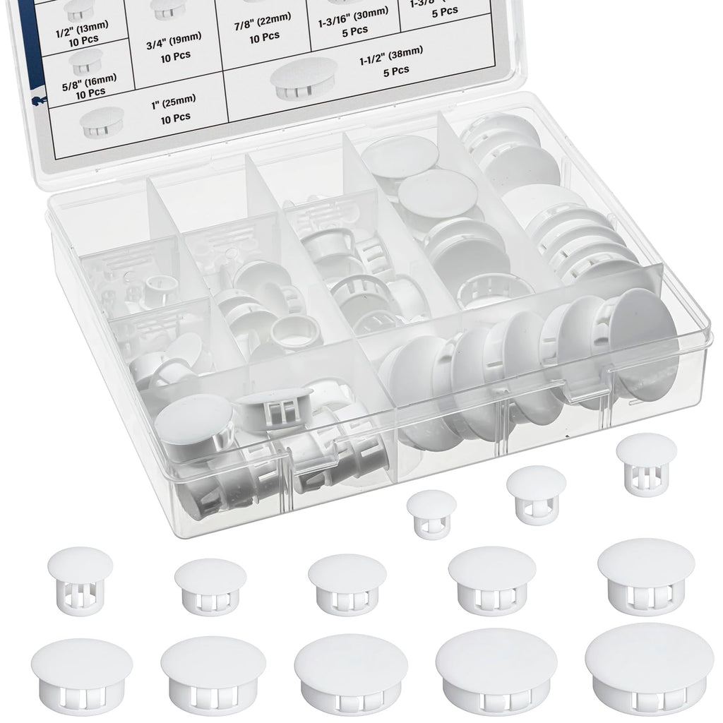 JTAREA White Nylon Plastic Hole Plugs Assorted 13Values 1/4" 5/16" 3/8" 1/2" 5/8" 3/4" 7/8" 1" 1-1/8" 1-3/16" 1-1/4" 1-3/8" 1-1/2" Hole Plug Cover Kit for Furniture Cabinet Insert End Caps