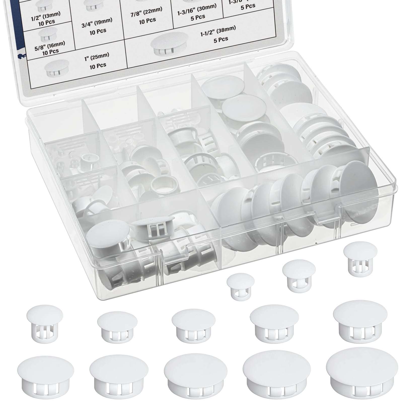 JTAREA White Nylon Plastic Hole Plugs Assorted 13Values 1/4" 5/16" 3/8" 1/2" 5/8" 3/4" 7/8" 1" 1-1/8" 1-3/16" 1-1/4" 1-3/8" 1-1/2" Hole Plug Cover Kit for Furniture Cabinet Insert End Caps