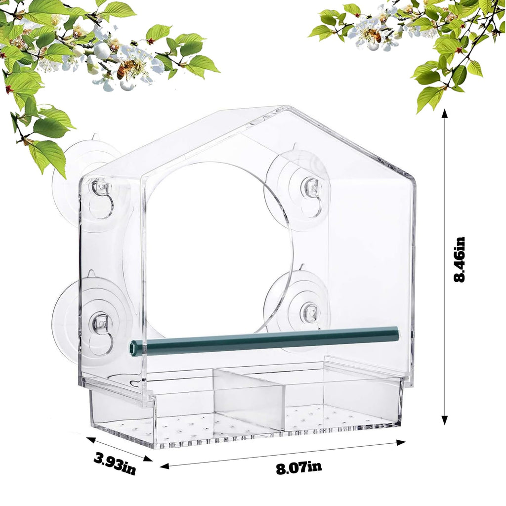Window Bird-Feeder with 4-Strong Suction-Cups - Large Clear Acrylic Bird House for Outside Wild Birds - Removable Tray & Drain Holes - Up Close Viewing for Cats, Elderly (Color002)