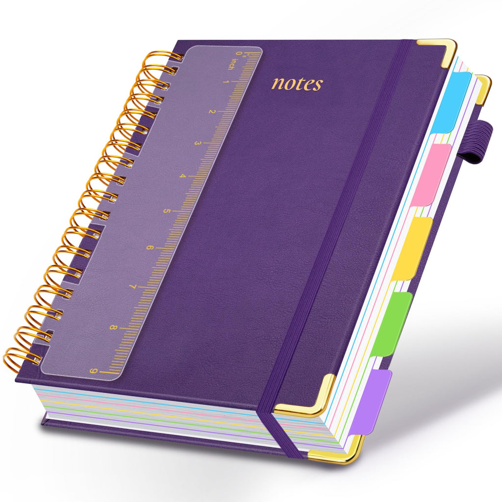 Hardcover Spiral Notebook 8"x10" Journal Notebook with Tabs and Removable Dividers 300 Pages 5 Subject Notebook College Ruled, Faux Leather Spiral Bound Notebook for Women School Work (Purple)