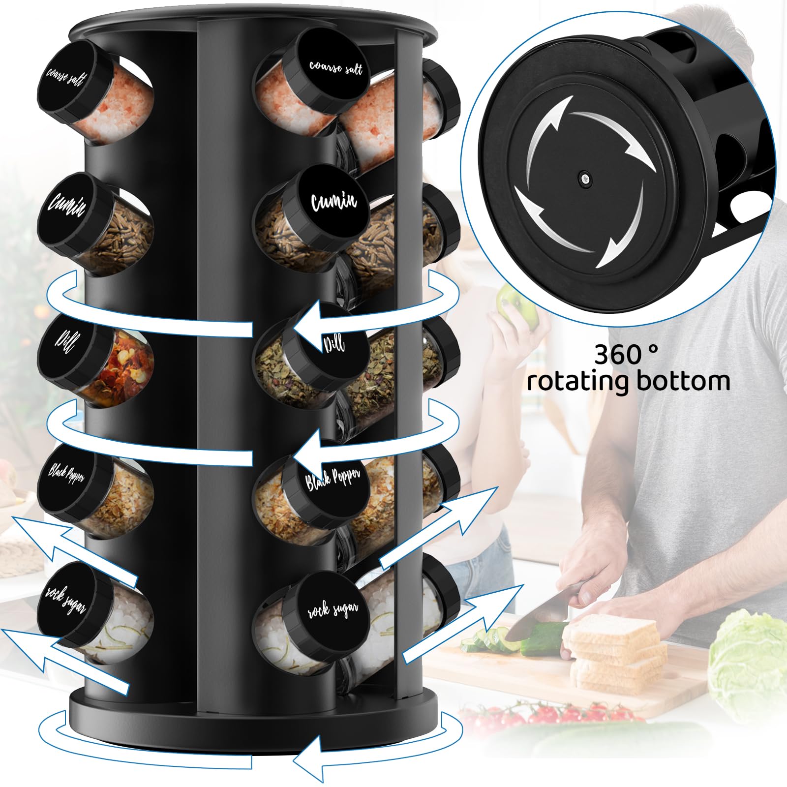 AKOZLIN Rotating Spice Jars with Rack Revolving Spice Rack with 20 Spice Jars Kitchen Spice Tower Organizer Stainless Steel with Stickers and Folding Funnel for Countertop or Cabinet, Silver