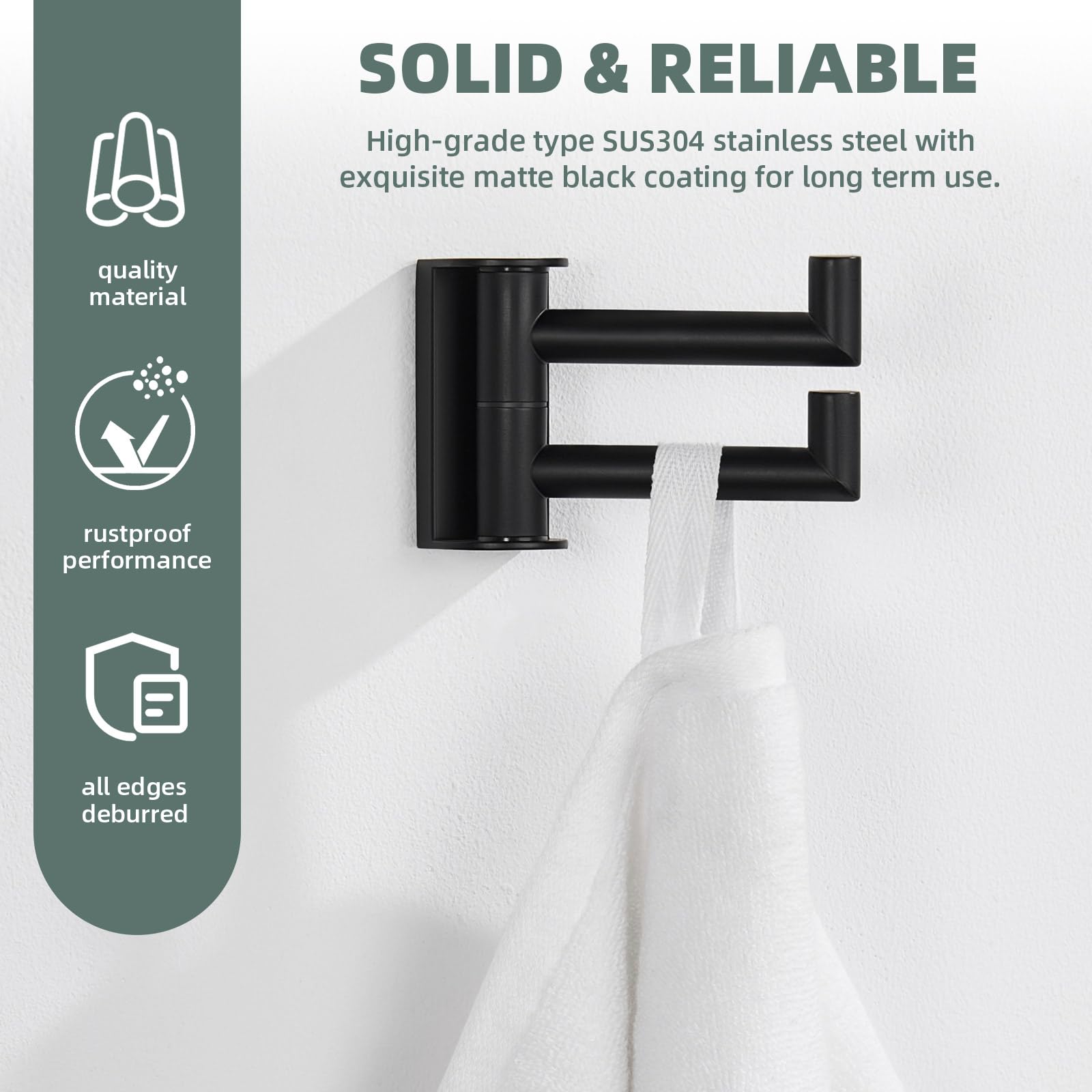 Angle Simple Swivel Double Towel Hook Matte Black, 304 Stainless Steel Robe Hook for Bathroom