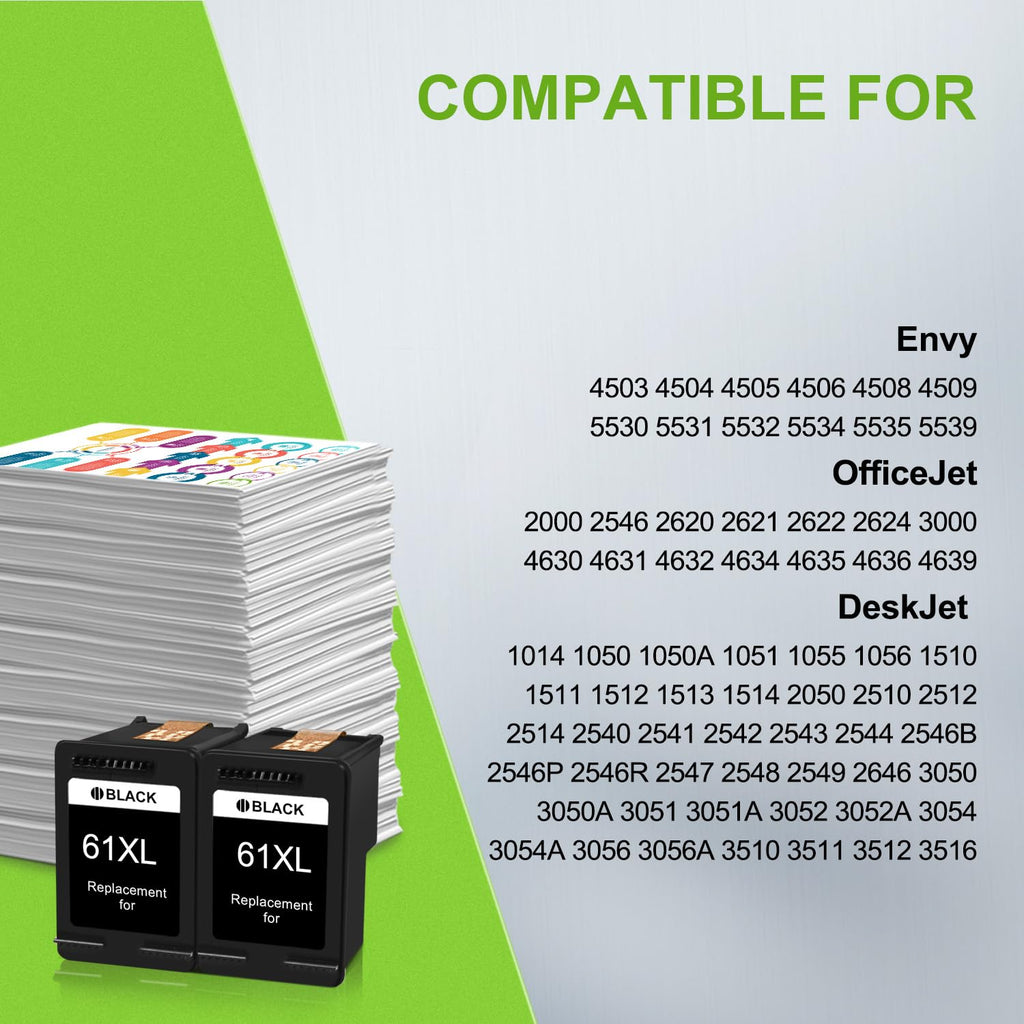 Printer Ink 61XL Black 2 Packs Replacement for HP 61 61 XL Work with HP Envy 4500 5530 Deskjet 2540 1000 3050 OfficeJet 4630 4635 Printer (2 Black)