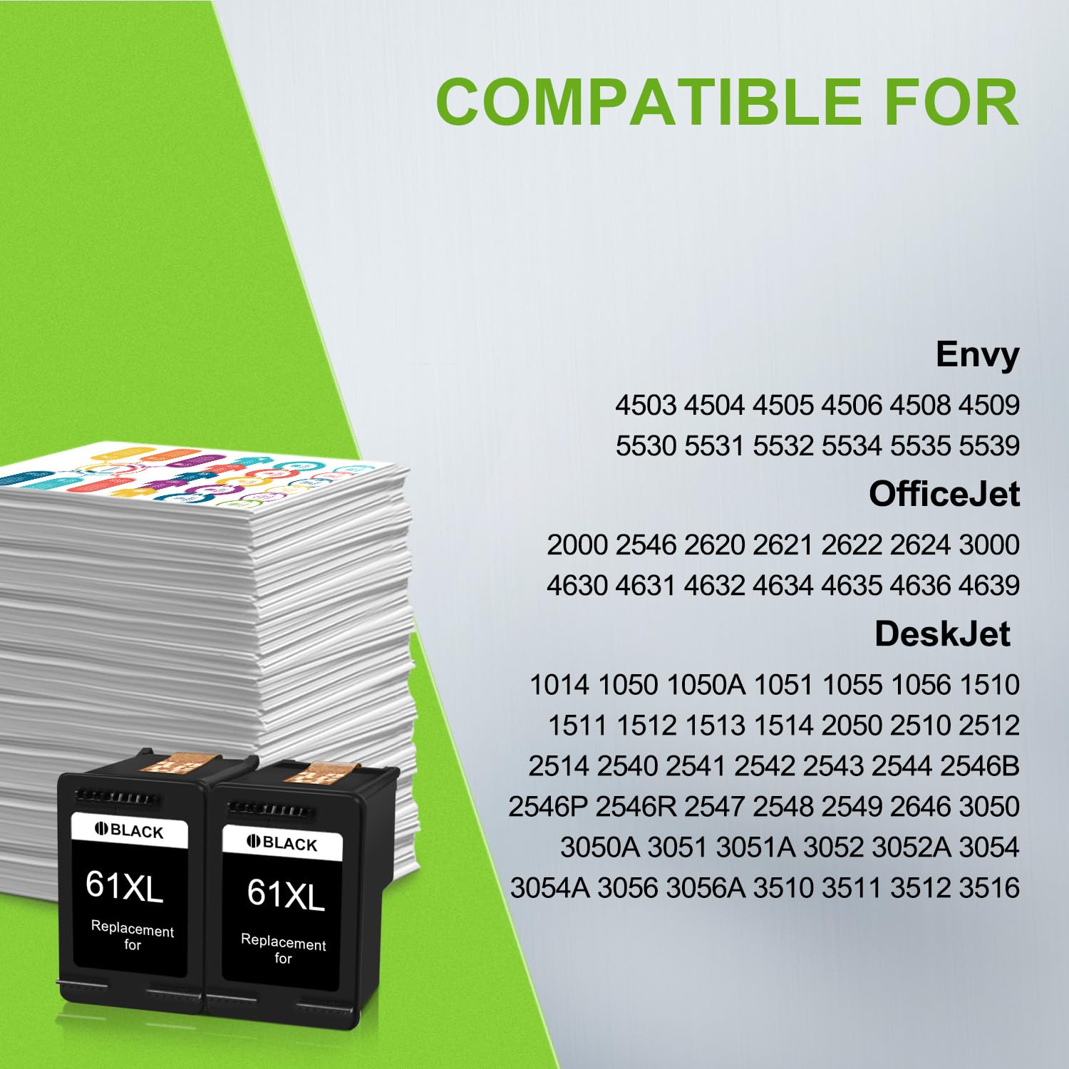 Printer Ink 61XL Black 2 Packs Replacement for HP 61 61 XL Work with HP Envy 4500 5530 Deskjet 2540 1000 3050 OfficeJet 4630 4635 Printer (2 Black)