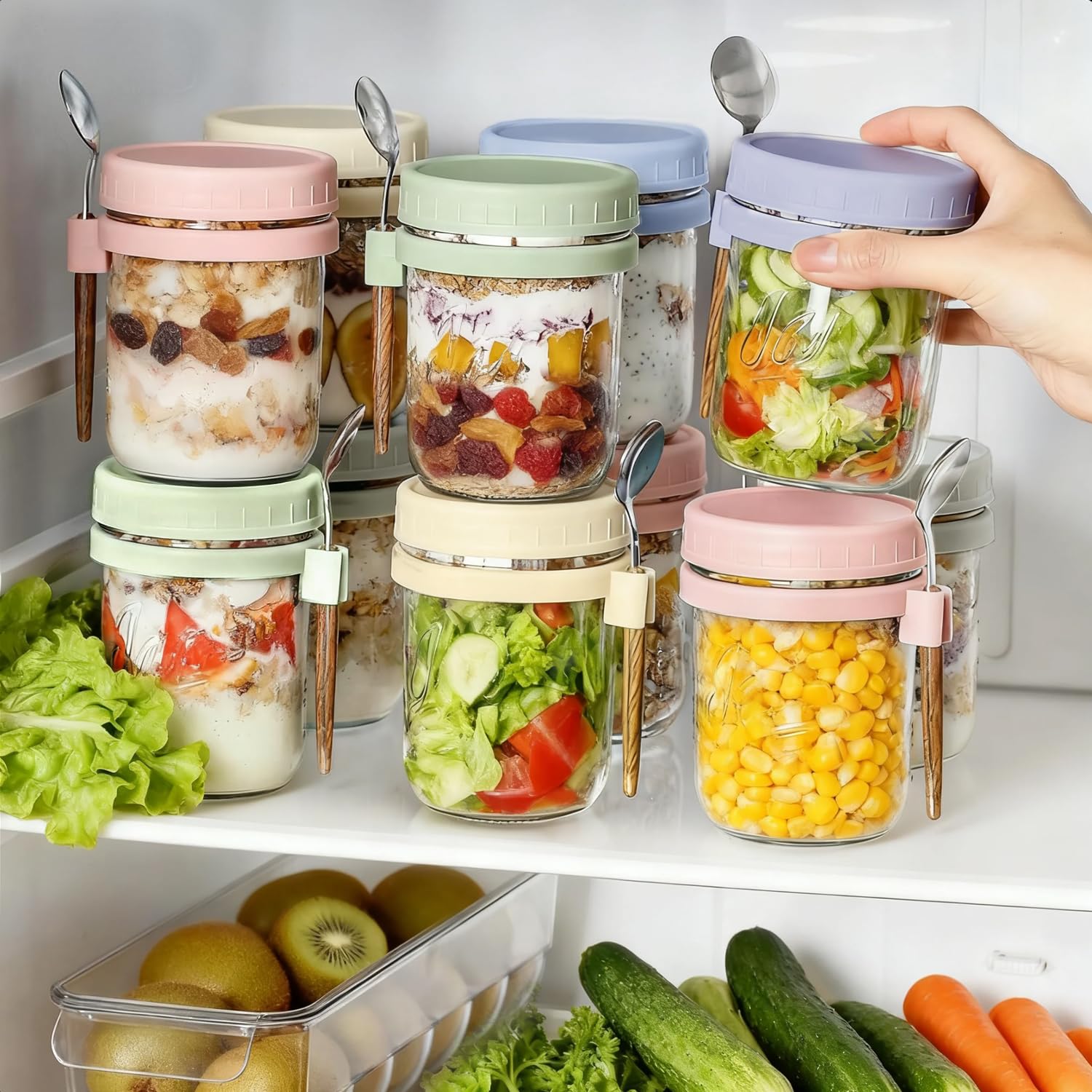 Oillase 4 Pack Overnight Oats Containers with Lids and Spoons, 16 oz Glass Mason Jars with Airtight Lids, Overnight Oats Jars for Milk, Cereal, Fruit