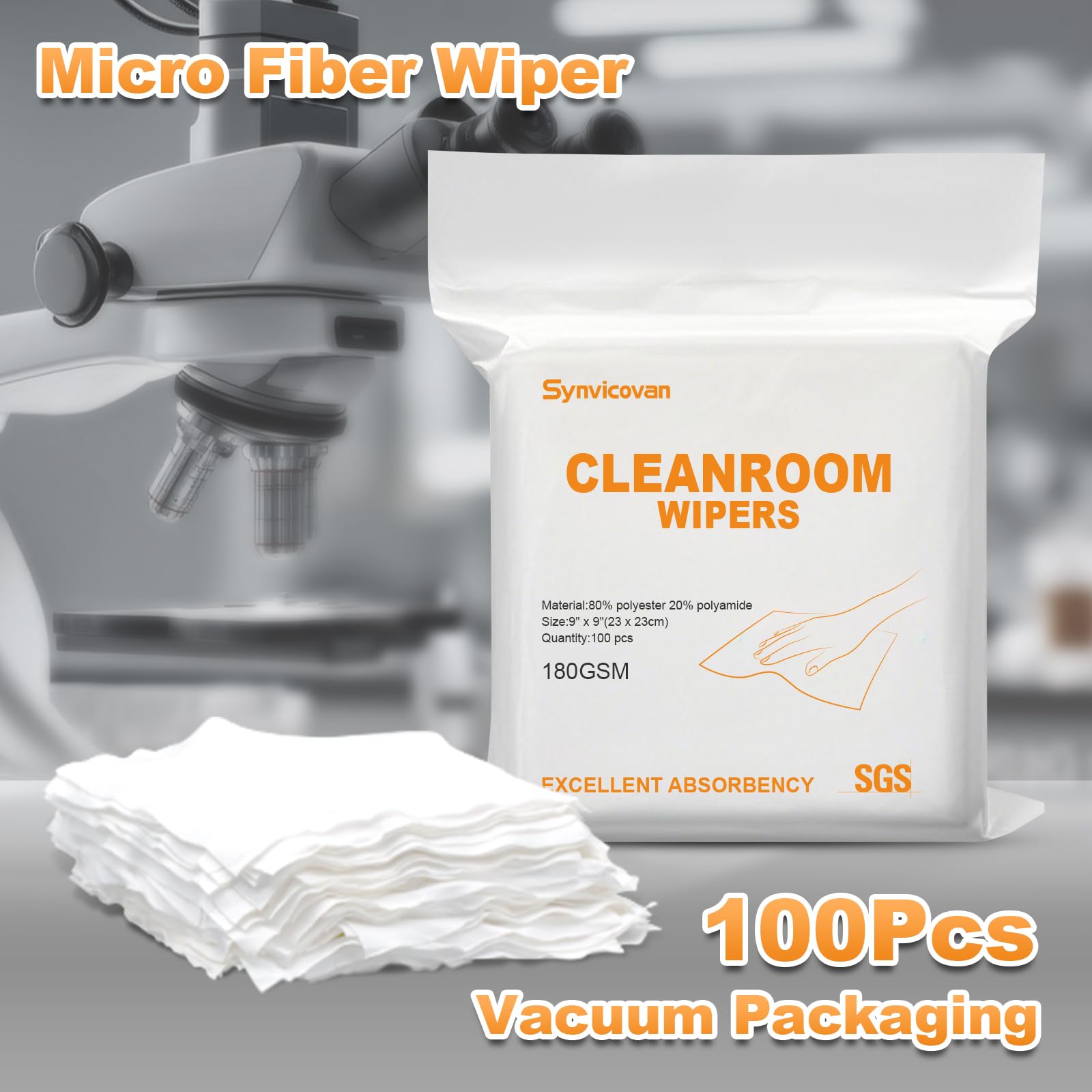Synvicovan Microfiber Wipes 9"x9"(100 Pcs,Class 100, 180GSM) Superfine Lint Free Cloths Cleaning and Drying Cloths Reusable Ultra Absorbent for All Surface Types