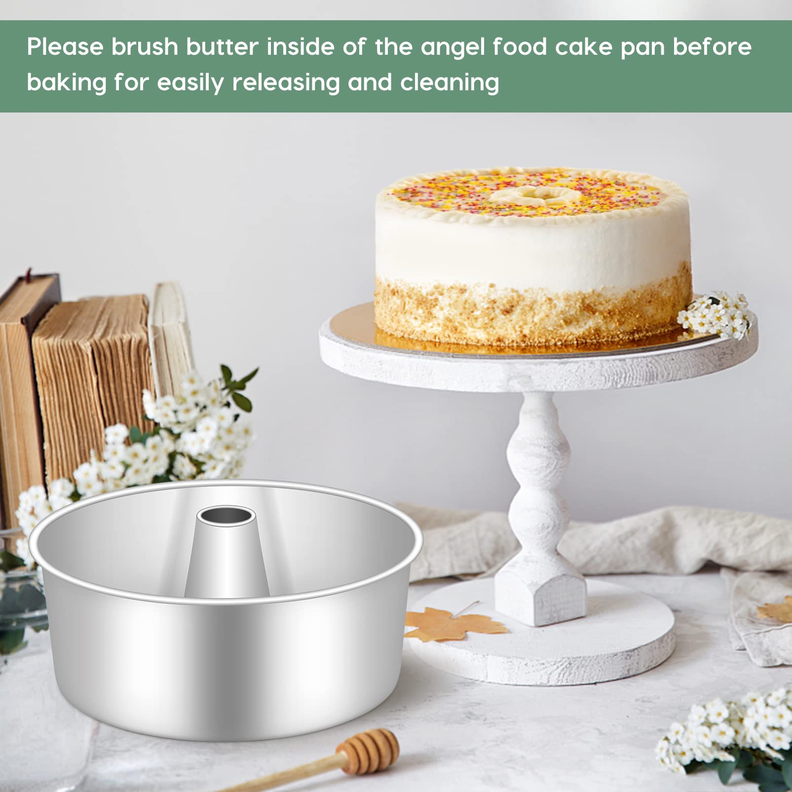 TeamFar 10inch Angel Food Cake Pan, Stainless Steel Pound Cake Pan with Tube, Hollow for Home/Kitchen Baking, Healthy & Non-Toxic, Durable & One-Piece, Mirror Finish & Dishwasher Safe, Silver