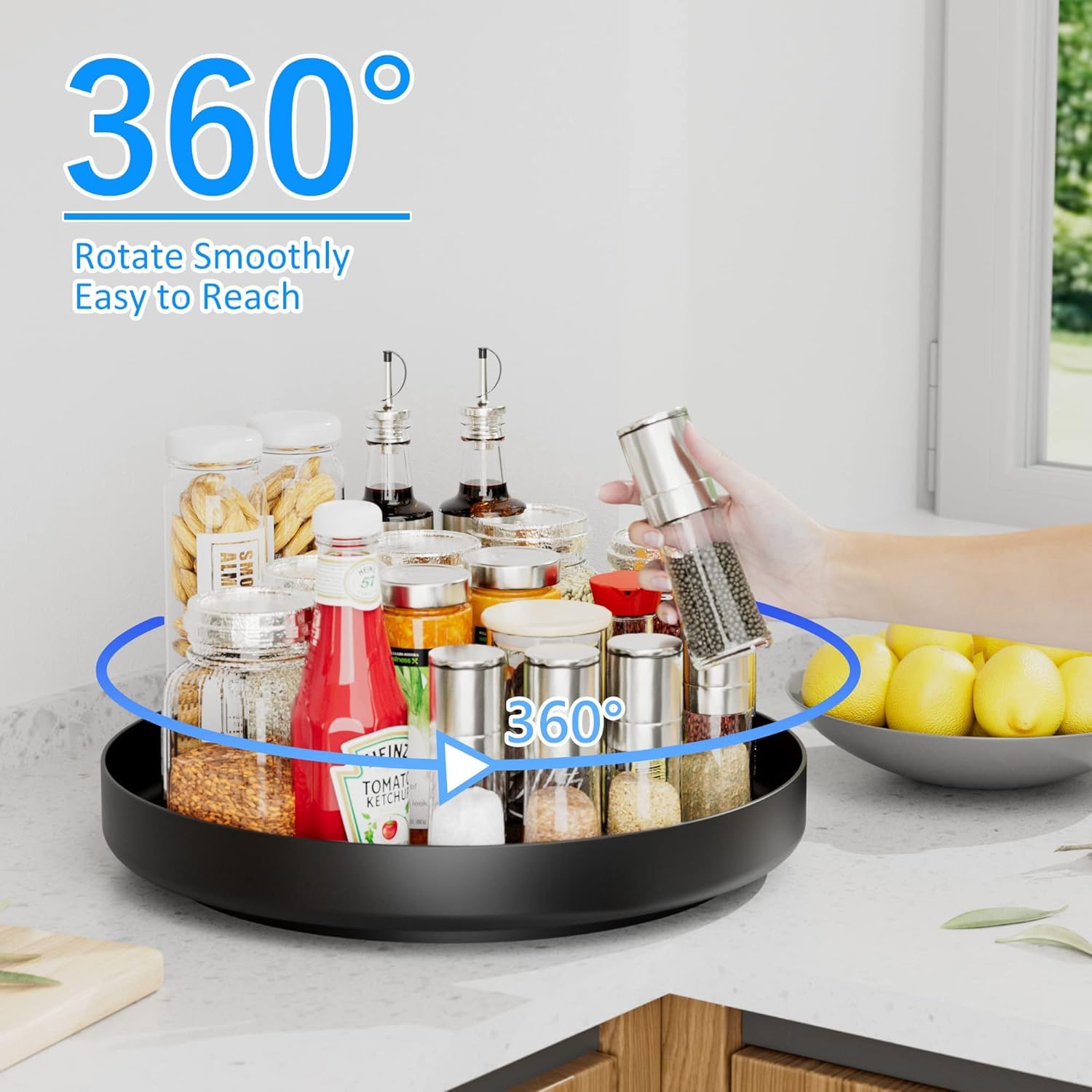 Lazy Susan Stainless Steel Black Spice Rack Turntable for Pantry Cabinet - Decorative Trays Storage Containers Organizer for Kitchen Cabinet, Snacks, Bathroom (9.8 inches)