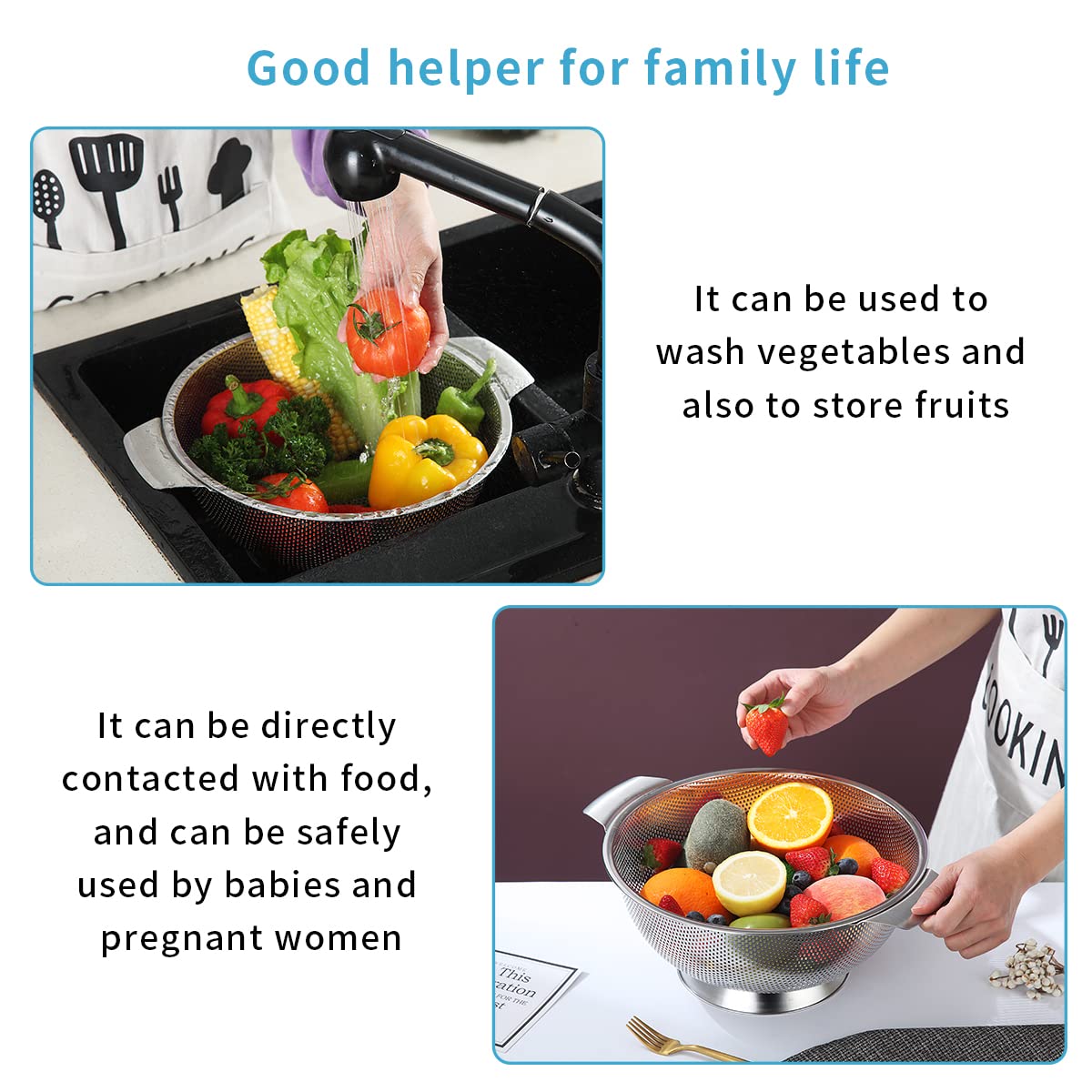 Kyraton Stainless Steel Colander 5 Quart, Professional Strainer with Heavy Duty Handles and Self Draining Solid Ring Base for Pasta, Spaghetti, Berry, Veggies, Fruits, Noodles, Salads Dishwasher Safe