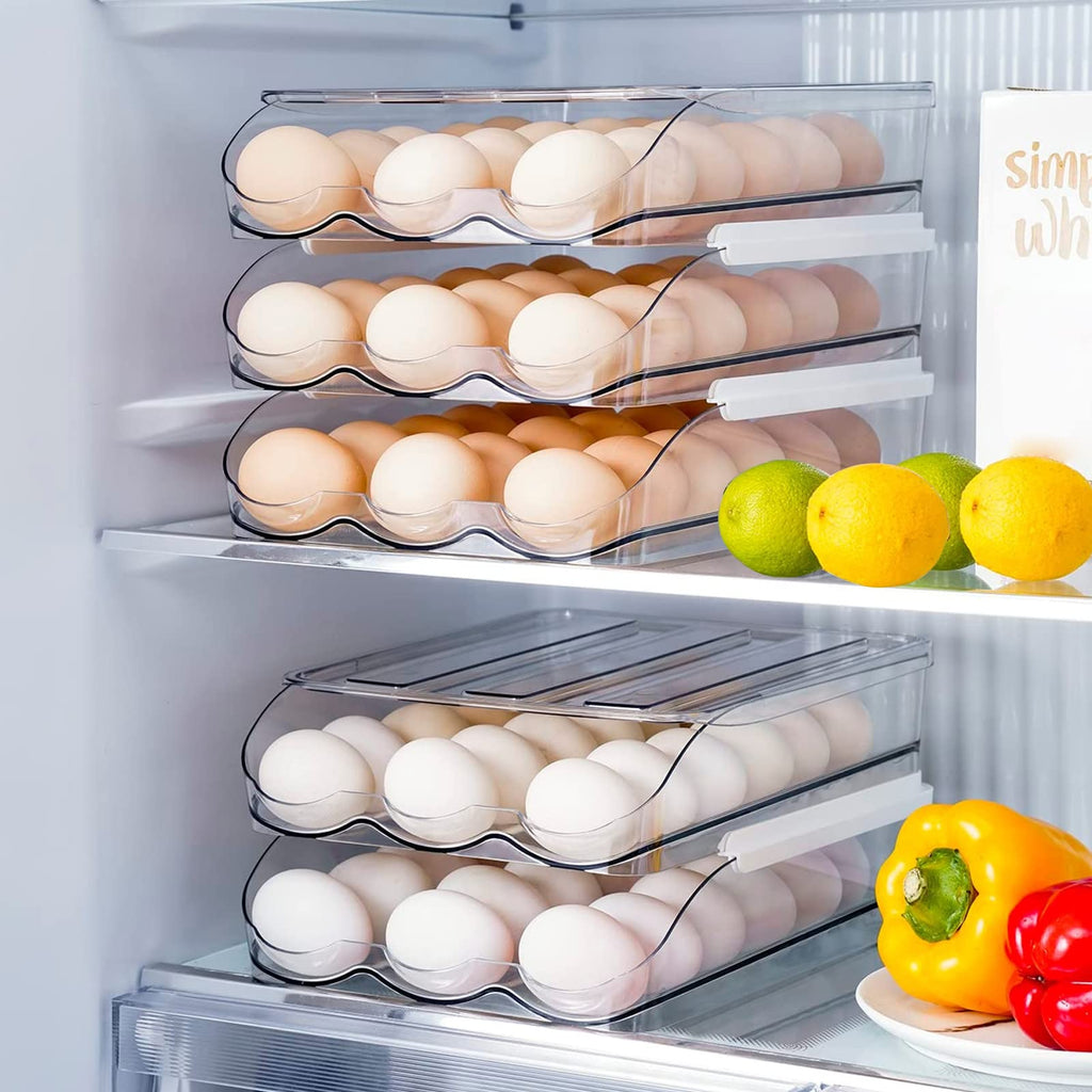 lazywoodpecker Egg Storage for Fridge, Auto Rolling Eggs Fridge Organizers with Lids, Fridge Storage Organizer for Kitchen (2 Layer)