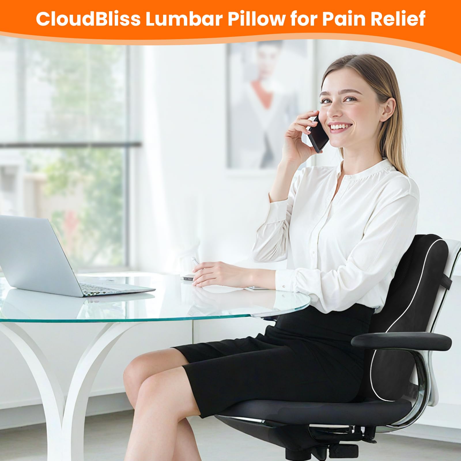 CloudBliss Ergonomic Lumbar Support Pillow – Memory Foam for Lower Back Pain Relief, Adjustable Straps & Mesh Cover for Office, Gaming, Car & Home Essentials (Black)