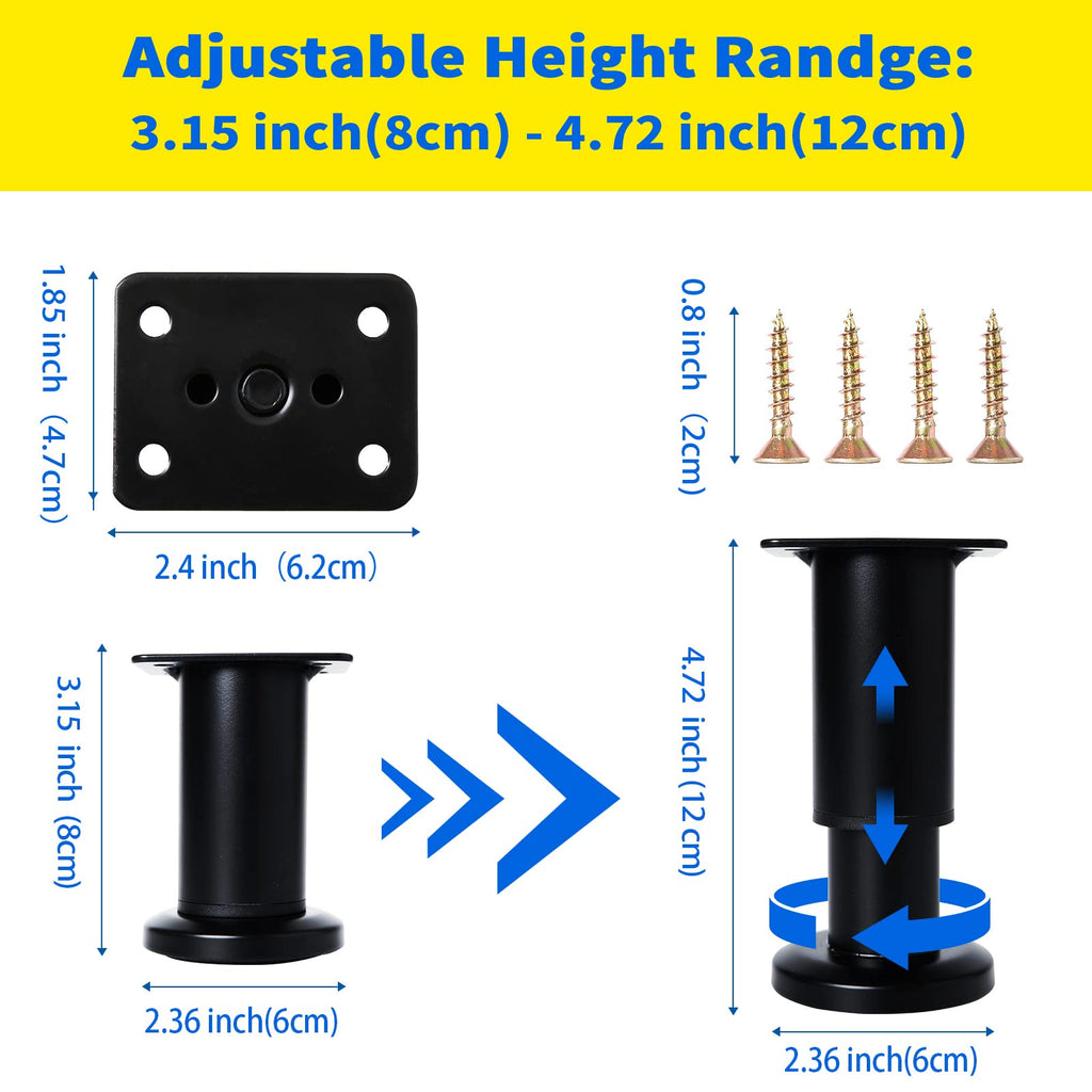 Olldag 4 Pcs Adjustable Height Furniture Support Legs [with Screws] 3.15-4.72 inch, Metal Heavy Duty Furniture Replacement Legs for Chair/Bed/Sofa/Cabinet/Couch/Dresser/Bed/Table (Black)