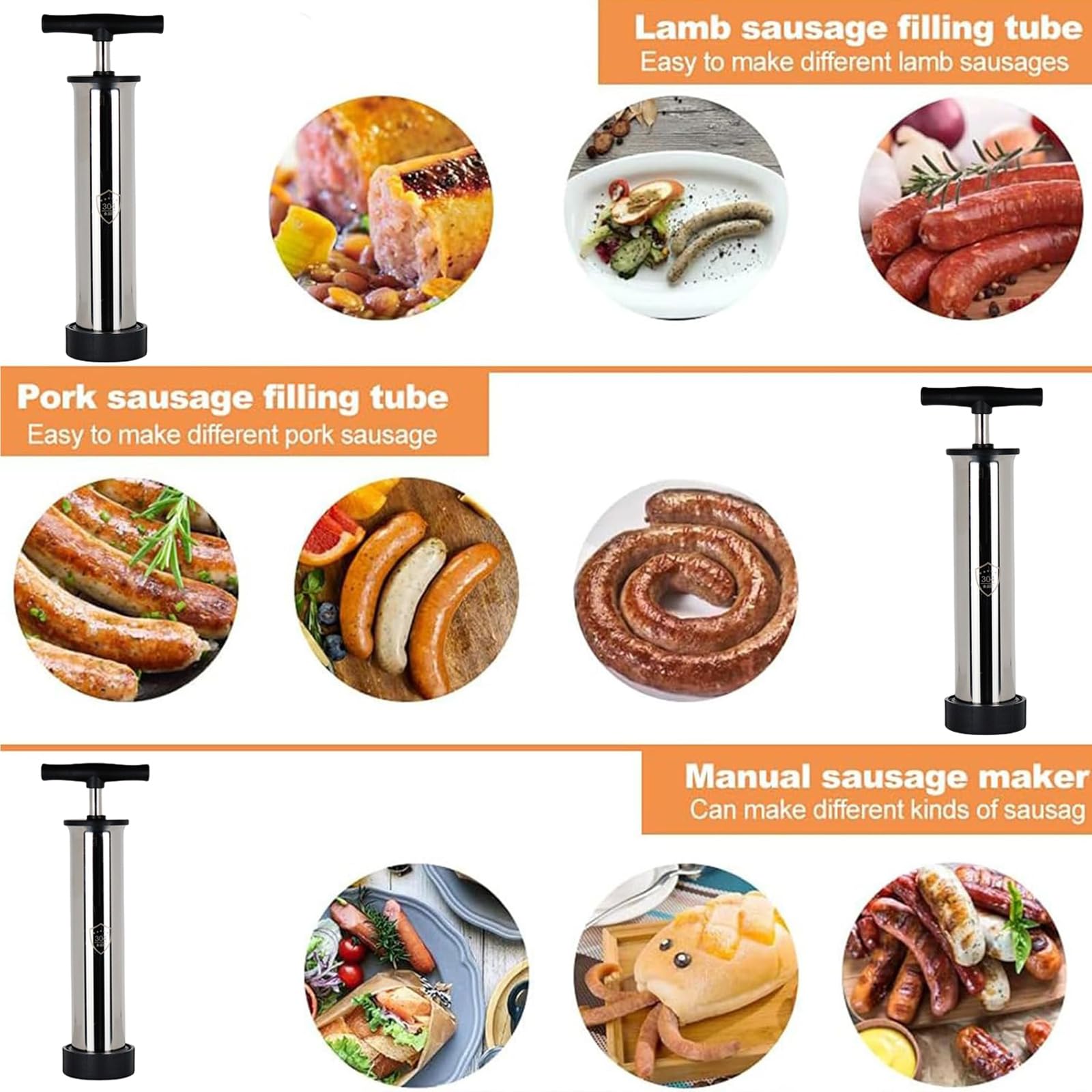 Sausage Stuffer Manual 304 Stainless Steel Sausage Maker Meat Stuffer Filler Hand Operated Salami Maker Sausage Filling Tool Funnel with 3 Nozzles