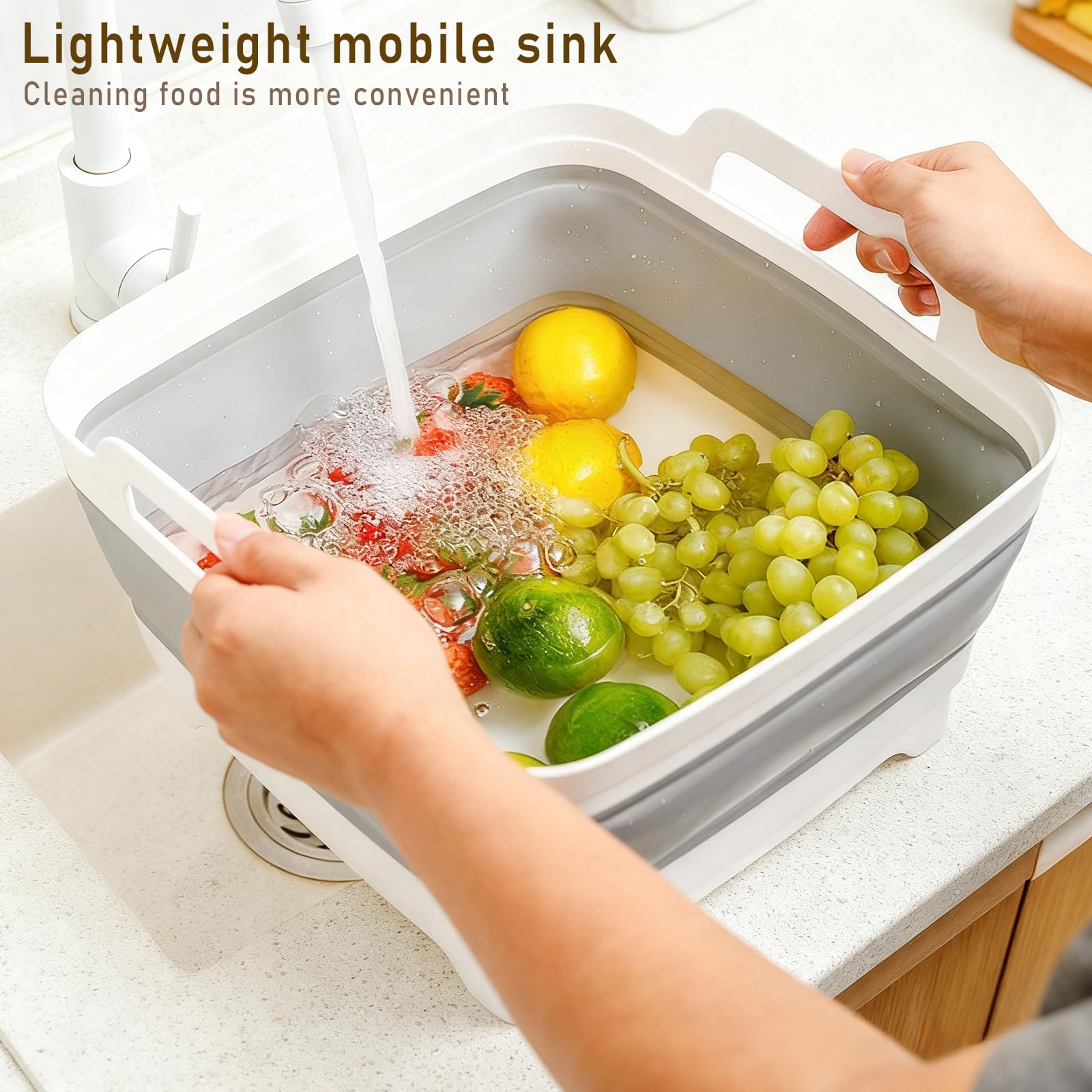 NIKONIKO Collapsible Sink, 9L Portable Wash Basin with Handle and Drain Plug, Grey