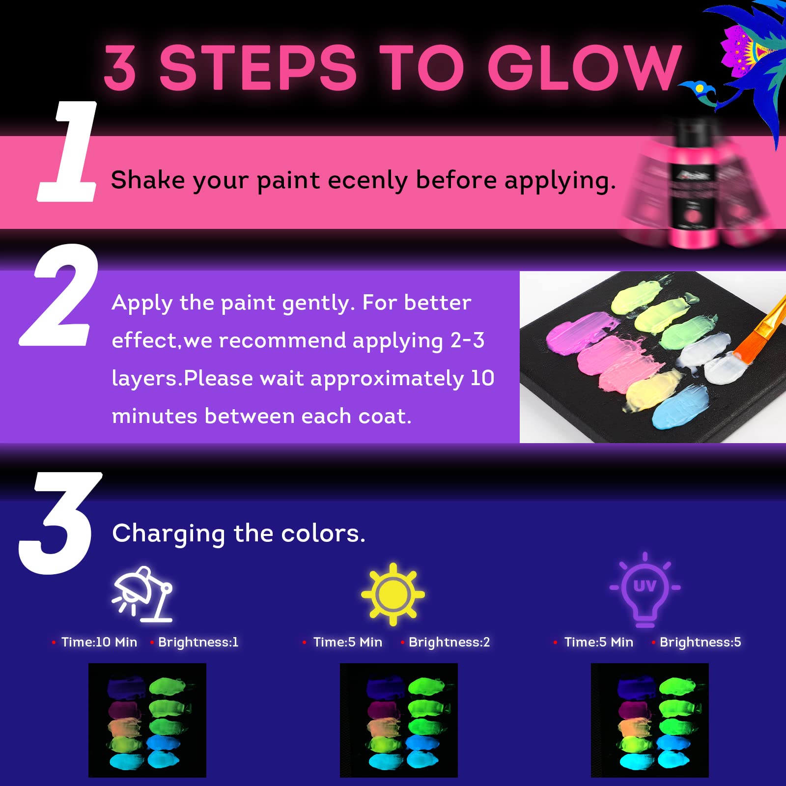 ABEIER Glow in the Dark Acrylic Paint, 10 Bright Colors (60ml/2oz) blacklight Paint, Neon Craft Paint, Long Lasting Glow Fluorescent Paint Ideal for DIY Projects Halloween Easter Christmas Decorations