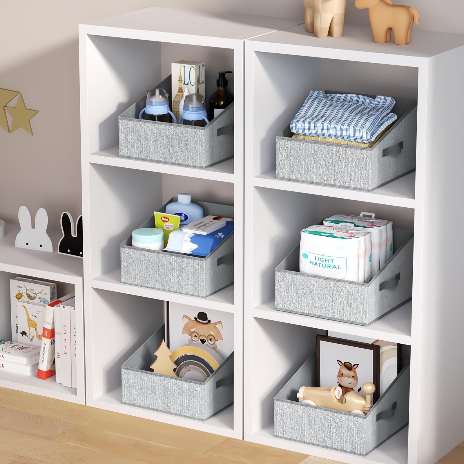 DIMJ Closet Storage Bins Shelves - 6 Pack Foldable Storage Box Trapezoid Closet Cube Organizer, Clothing Containers Basket Organization for Towel, DVD, Dorm - Ant Grey