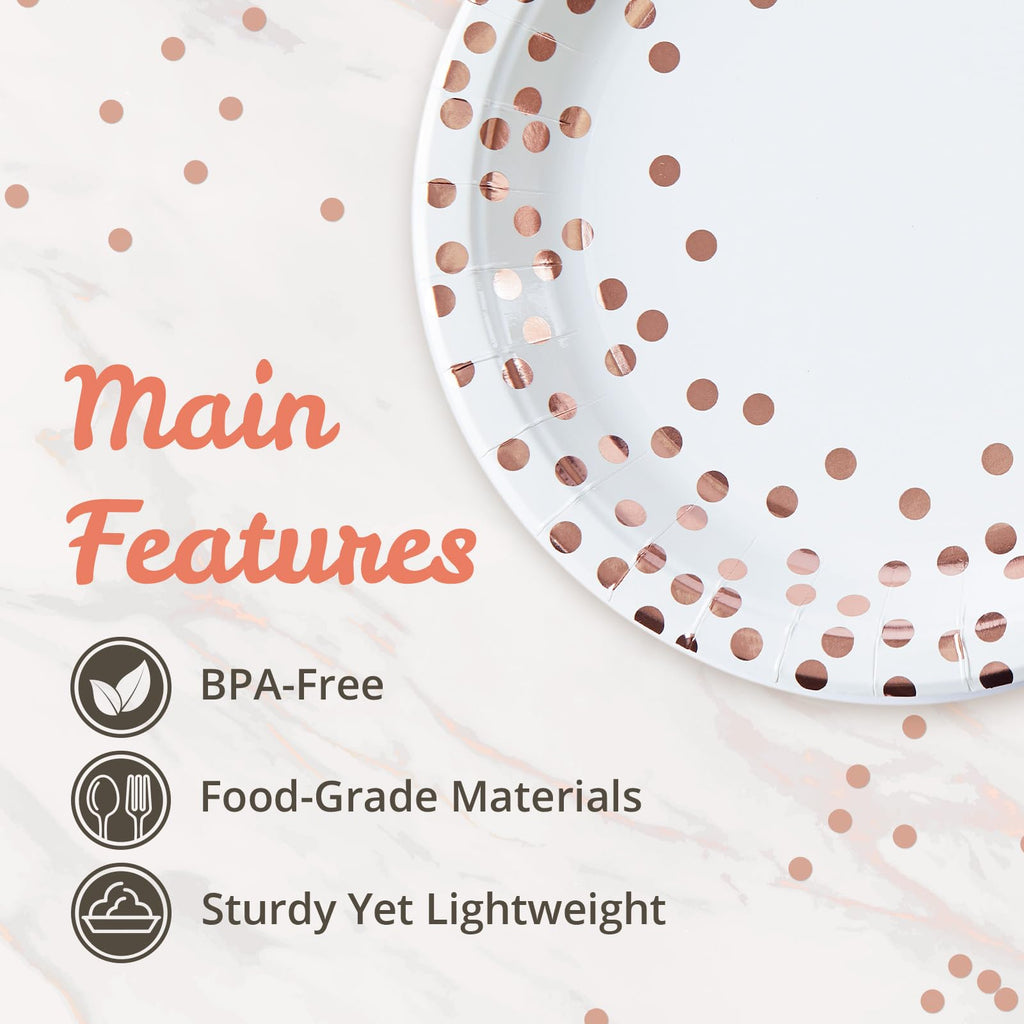 MATICAN 100-Pack Disposable Paper Plates, 9-Inch White & Rose Gold with Foil Polka Dots